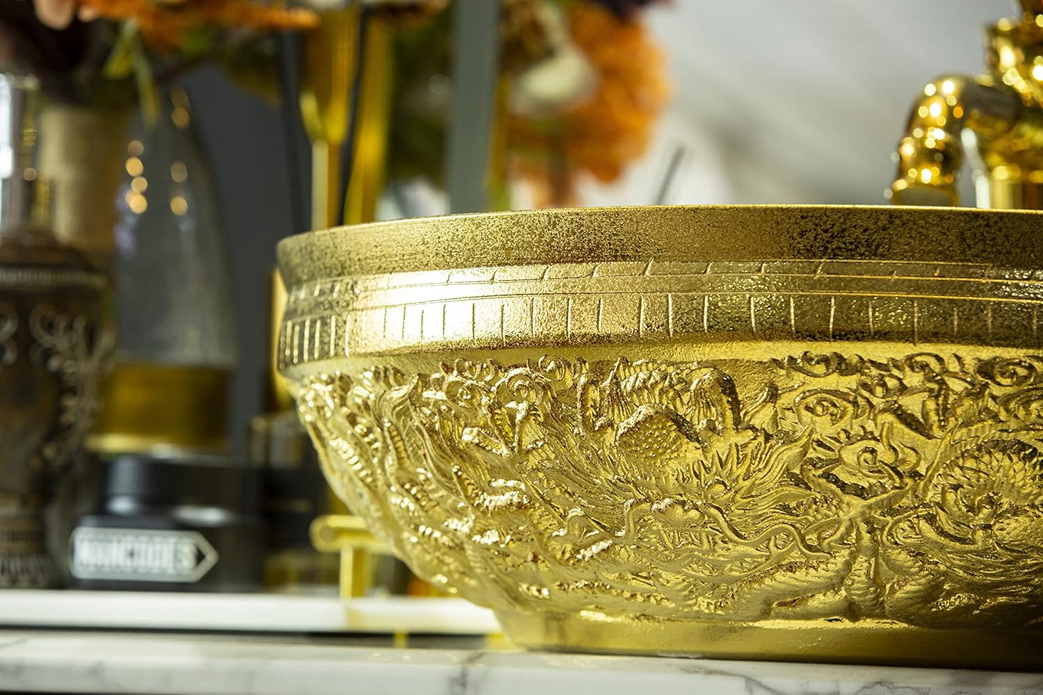 Ceramic Bathroom Vessel Sinks Gold Above Counter Porcelain Round Sink Bowl for Vanity Top with Luxury Golden Color Hand Carved Dragon Style,Dia.41.5cm Size,1 Sink Only