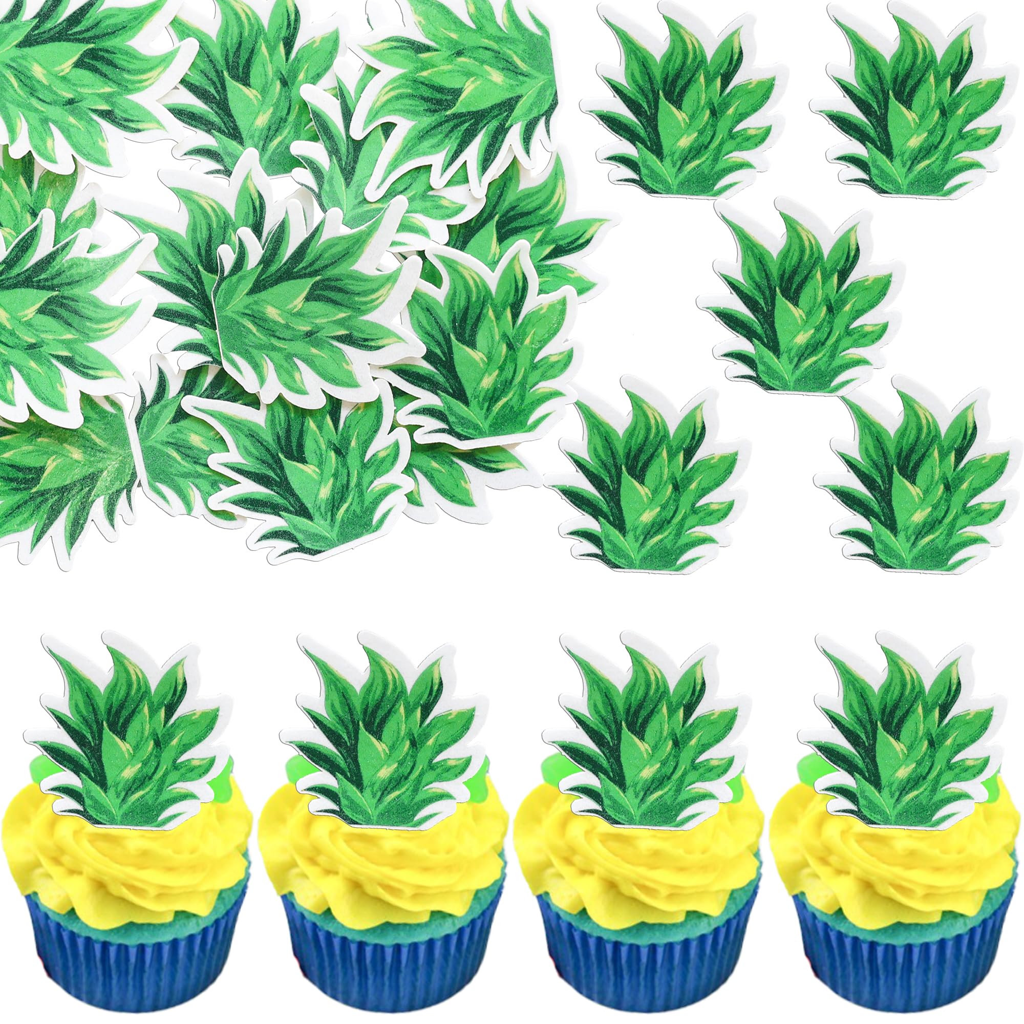Ephlyn 54Pcs Edible Pineapple Cupcake Toppers Wafer Paper Donut Pineapple Leaf Cupcake Picks Hawaiian Luau Cake Decorations for Tropical Aloha Baby