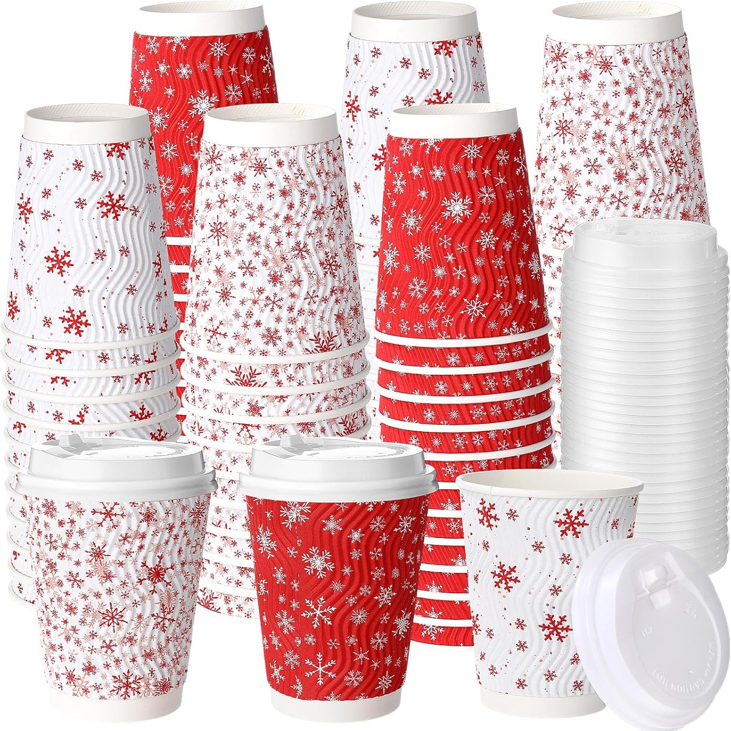 Shinymoon 50 Pack Winter Paper Coffee Cups with Lids 12 oz Snowflake Disposable Drinking Cups Insulated Corrugated Ripple Wall Drinkware for Xmas Winter Holiday Party Supplies (Red,White)
