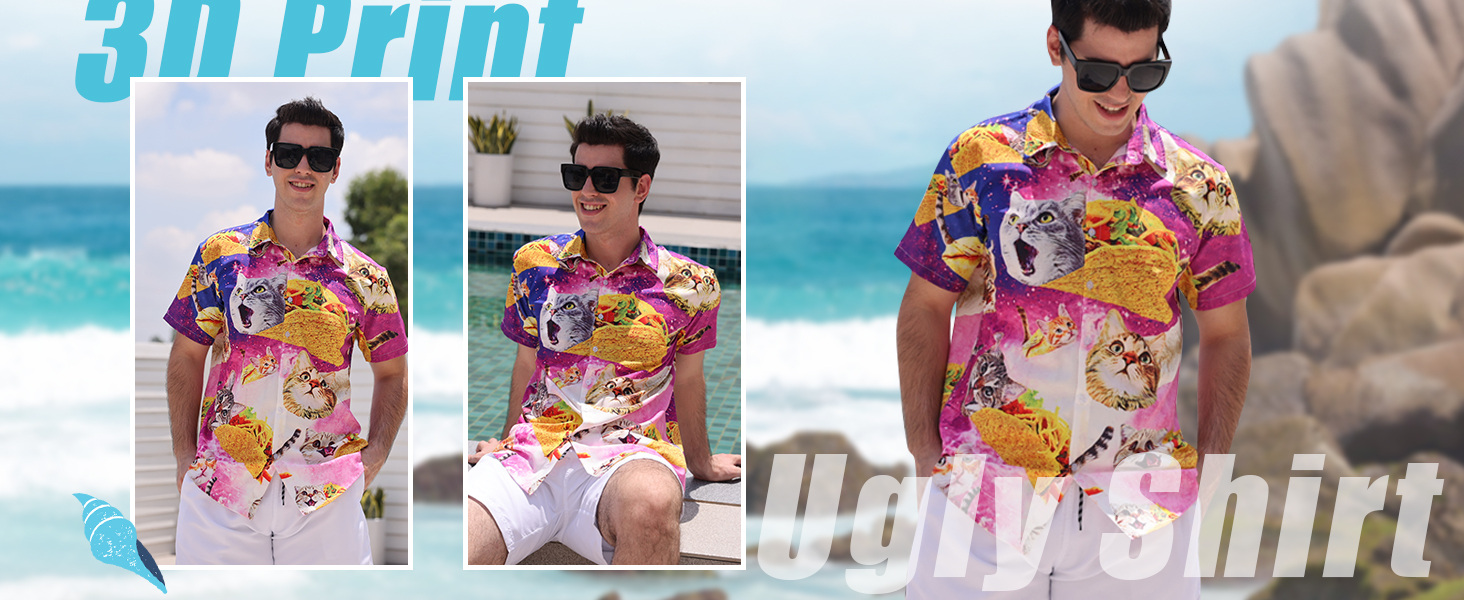 LARSD Camicia Hawaiana Uomo Manica Corta - Stampa Dinosauro, Leggera E Traspirante, Con Tasca, Taglie Regolari Fino A 3XL - Per Festa A Tema, Spiaggia, Vacanze