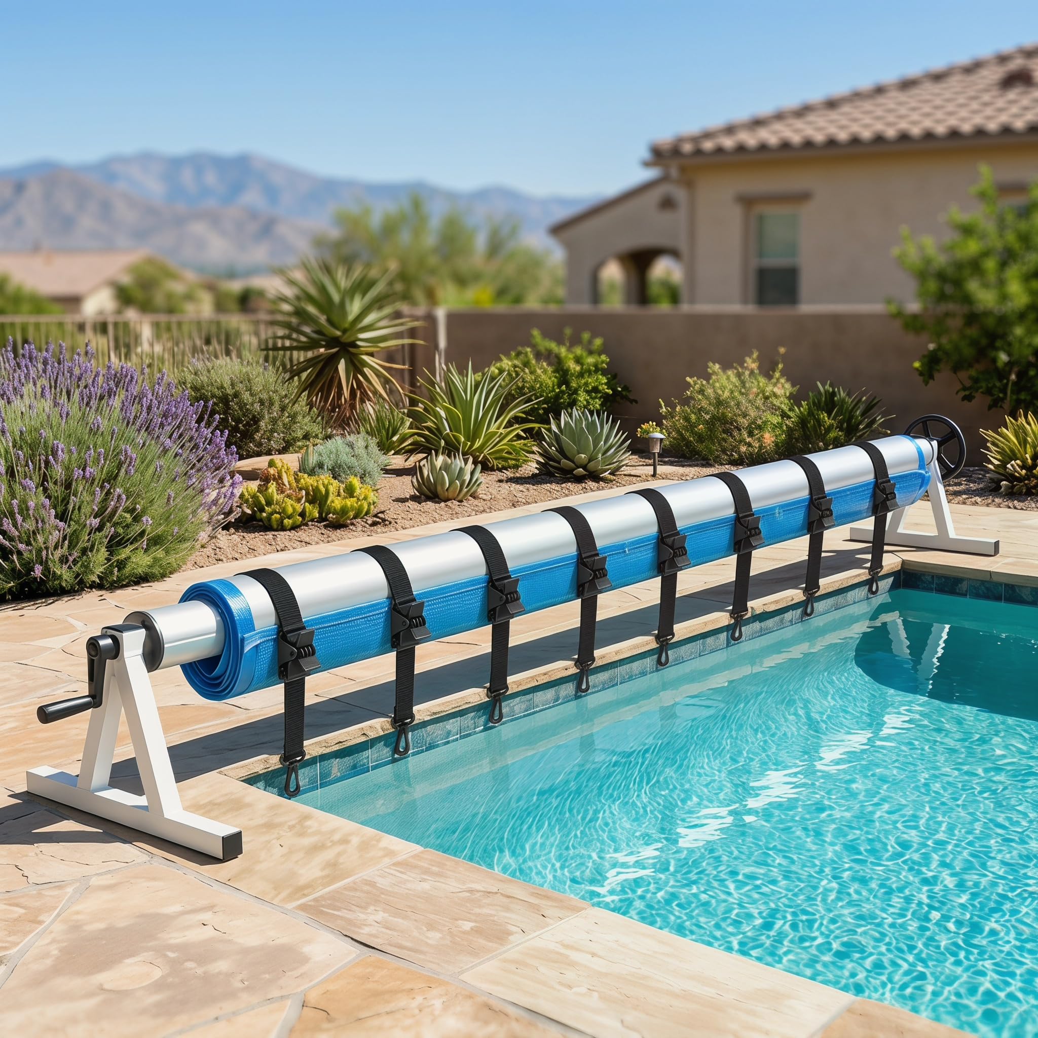 Juego de 8 Enrollador para Piscina, Dispositivo de Enrollado, Cintas de Sujeción con Clips, Cintas de Sujeción y Accesorios, Cinta Enrollador Piscina para Cubiertas Solares Correas de Sujeción