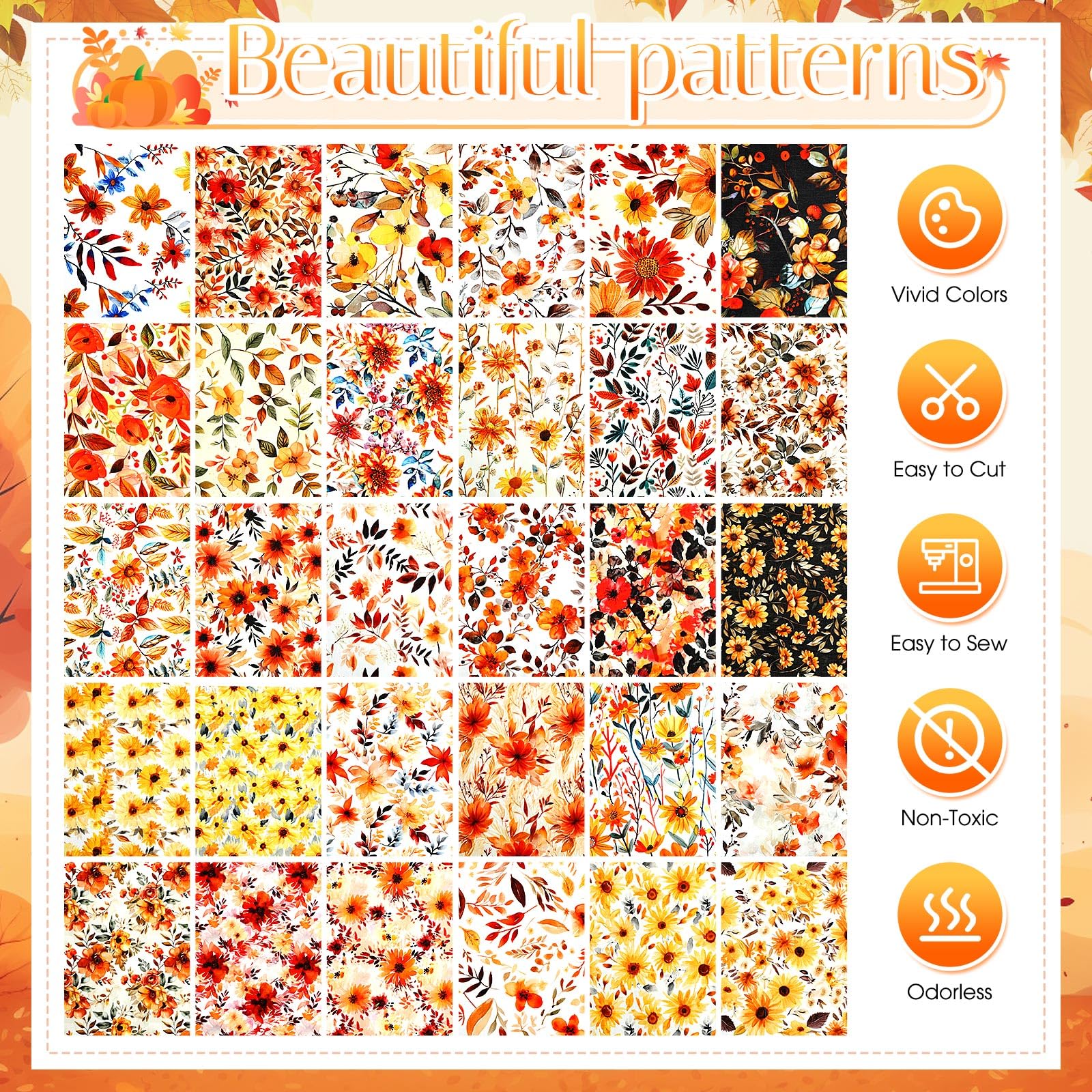 30pcs Thanksgiving Fall Fabric 10 x 10 Inch Cotton Fabric Bundles Maple Leaf Pumpkin Floral Plaid Stripe Squares Autumn Thanksgiving Sewing Fabrics for DIY Craft Party Decor (Fall Floral) - Image 2
