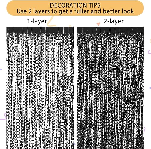Miniatura 5 de Paquete de 3 cortinas onduladas de oropel negro con flecos de papel de aluminio para fiesta, telón de fondo de 3.3 x 6.6 pies, cortinas de oropel