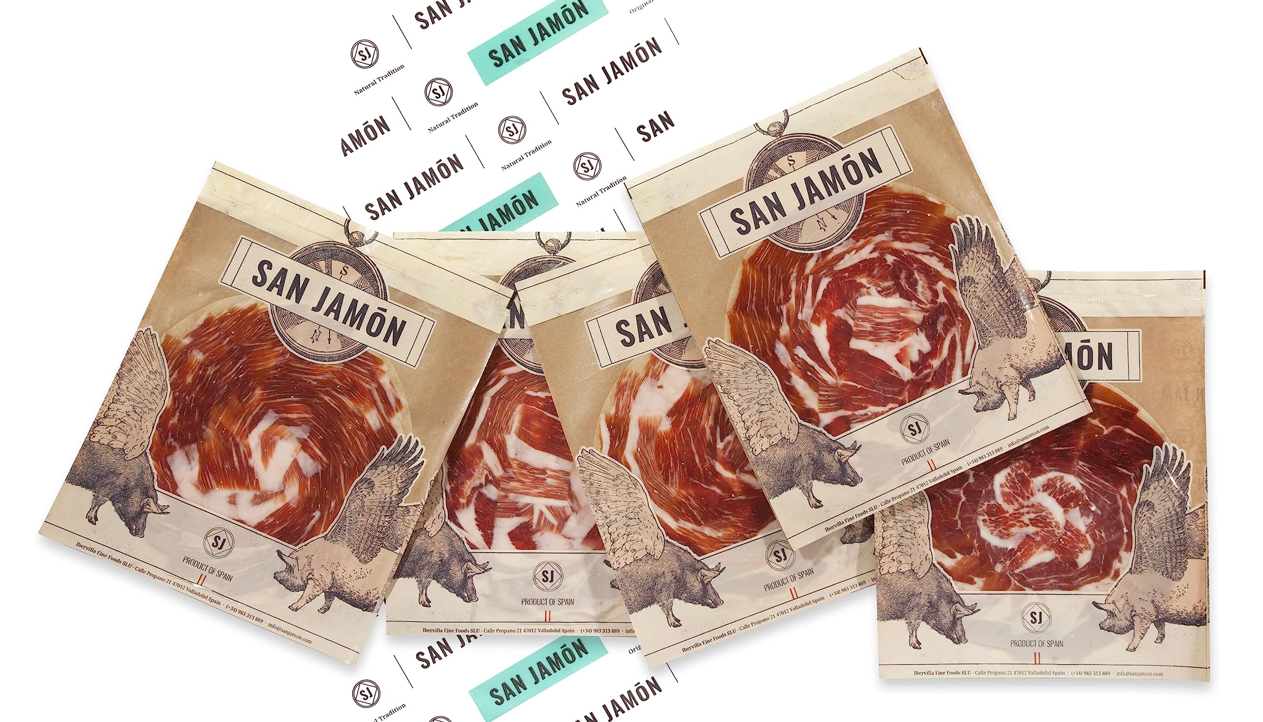 SAN JAMON. Pack de 5 Sobres de Jamón de Cebo Ibérico 50% Raza Ibérica Cortado a Mano de 80 gr Cada Uno. Lote de 5 paquetes de Jamón Ibérico de Cebo en Finas Lonchas.