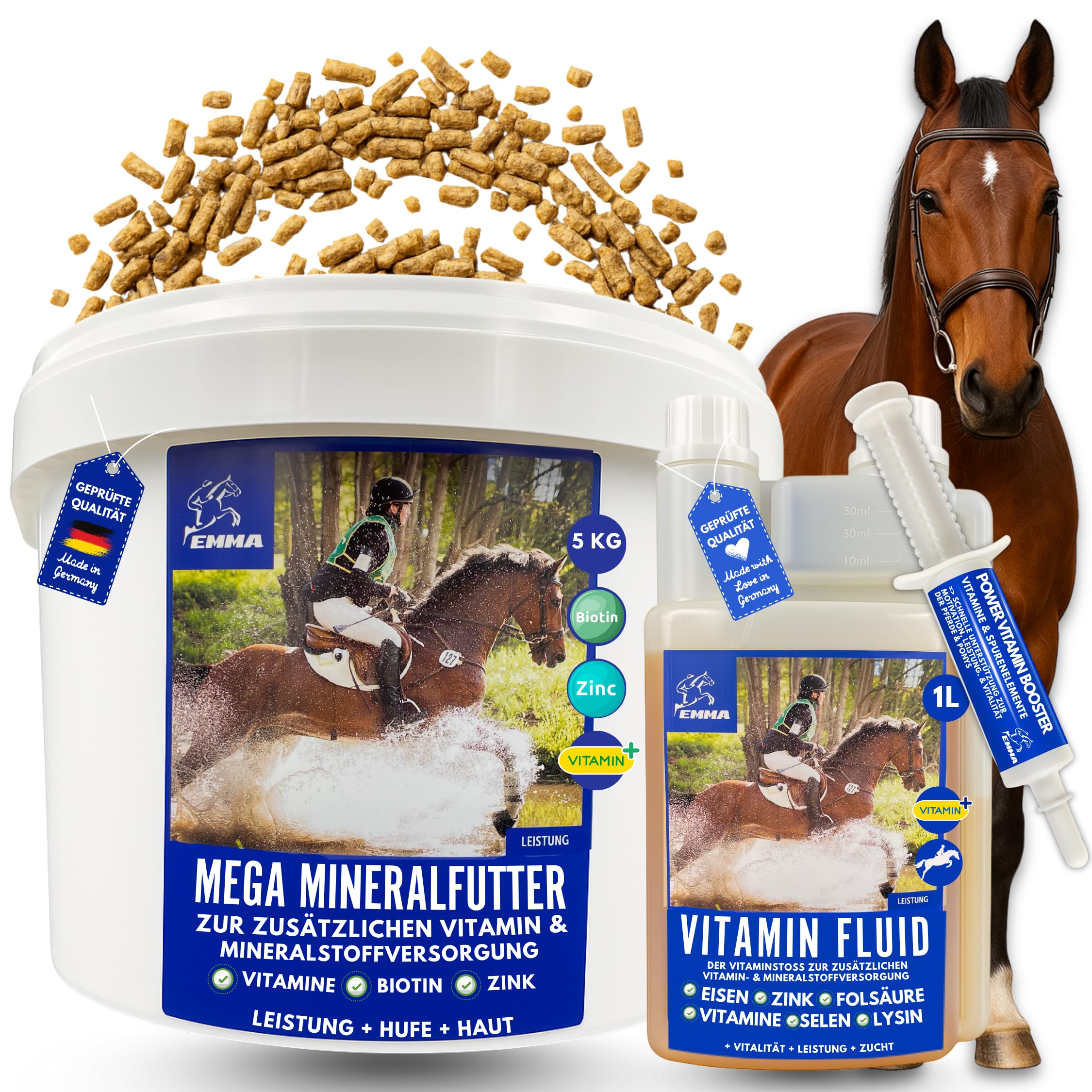 Mineralfutter Pferde 5kg + Vitamin B Komplex Liquid + Paste 30ml I Biotin Zink Selen Bierhefe I Fellwechsel Huf Haut I Magnesium Mangan Eisen Calcium I Ergänzungsfutter für Energie Vitalität Leistung