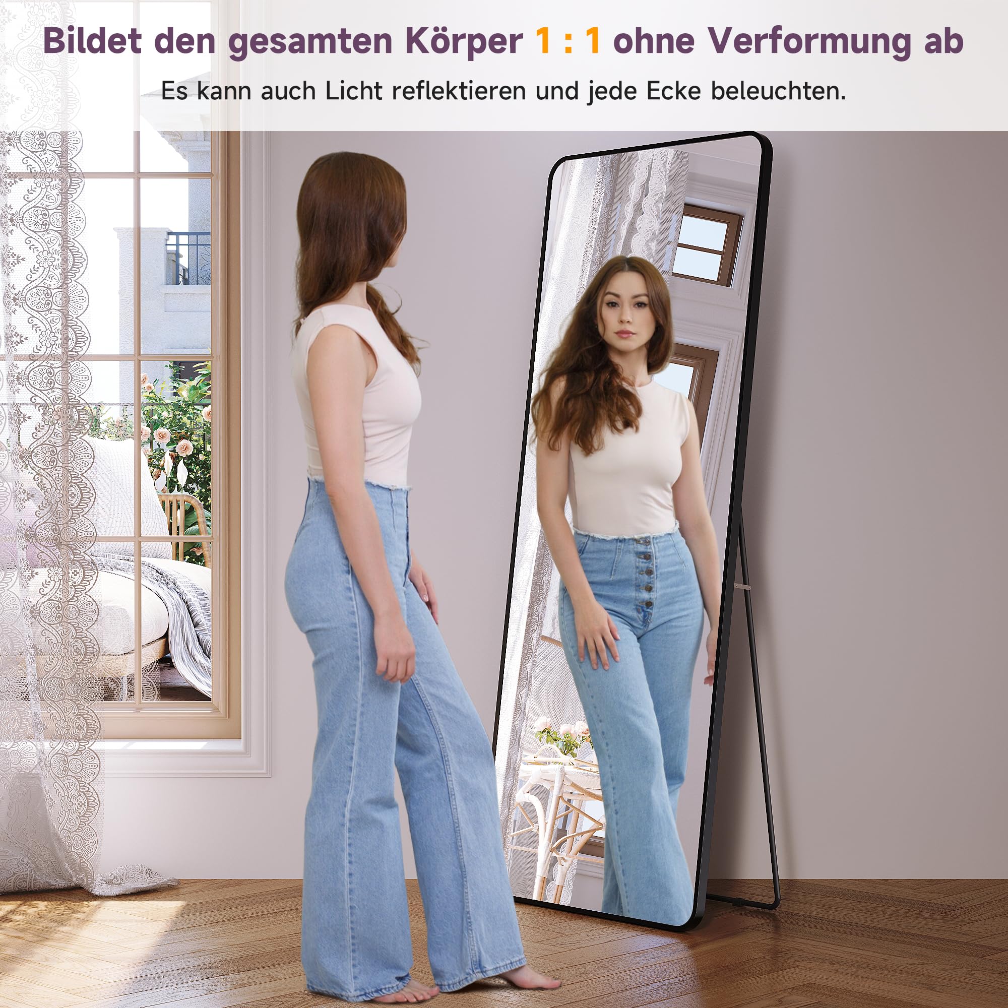 SONNI Ganzkörperspiegel 160 x60 cm mit Aluminium Rahmen - Schwarz, HD Spiegelglas, Wandmontage/Standfuß (kippsicher), Rechteckig Standspiegel für Schlafzimmer, Flur, Eingangsbereich