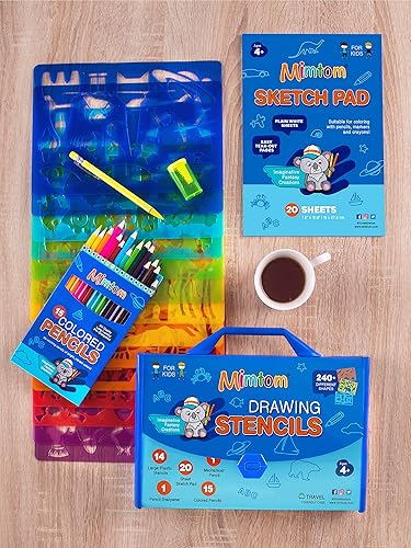 Miniatura 9 de Kit de plantillas de dibujo para niños, juego de arte de 51 piezas con más de 240 formas, bloc de bocetos y lápices de colores para manualidades y