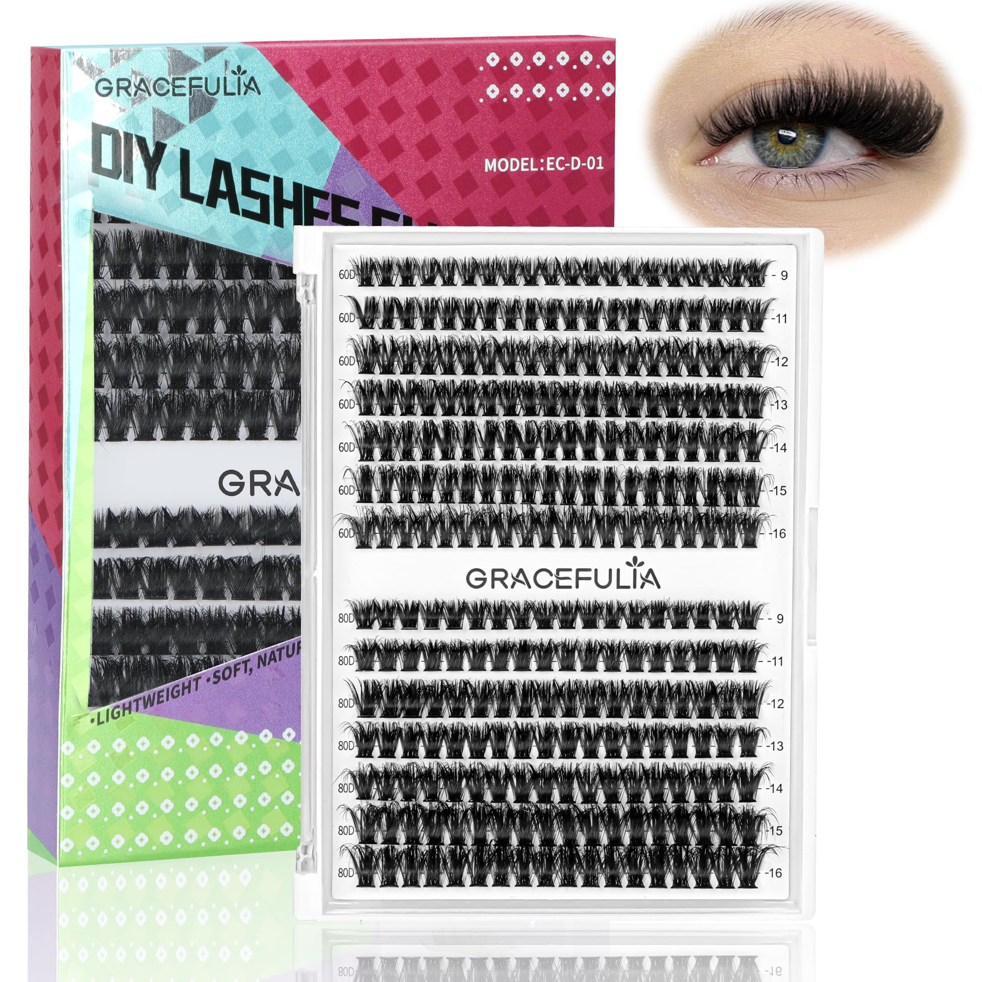 Fluffy Lash Clusters 60D+80D Thick Eyelash Clusters D Curl By GRACEFULIA Wispy Individual Lashes 9-16mm Cluster Eyelash Extensions 280pcs False