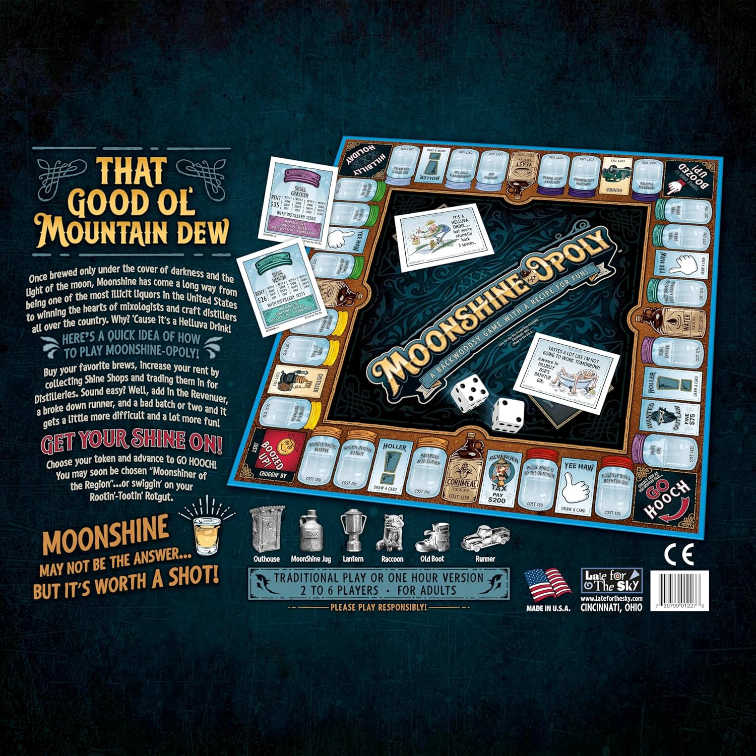 Late for The Sky Moonshine-OPOLY Board Game for Adults, Party Property Trading Game, 2-6 Players, Opoly Drinking Theme, Fast 1-Hour or Classic Play, Humor Gift