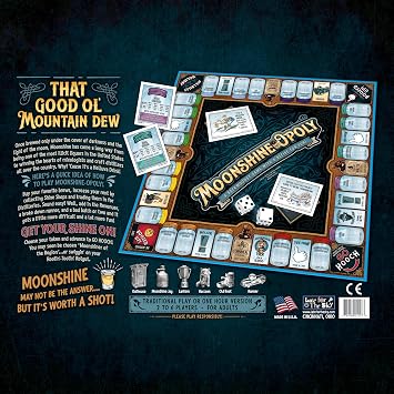 Late for The Sky Moonshine-OPOLY Board Game for Adults, Party Property Trading Game, 2-6 Players, Opoly Drinking Theme, Fast 1-Hour or Classic Play, Humor Gift