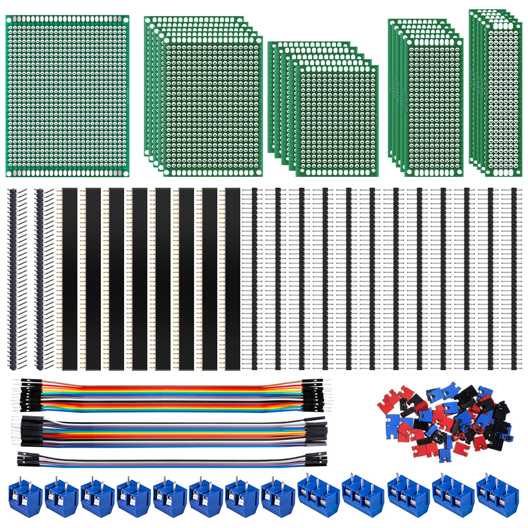 Miuzei 151 pezzi PCB Board Kit, 21 schede forate double face, 22 bande per penne, 13 morsetti a vite, 35 cavi ponticelli compatibili con Arduino per progetti elettronici fai da te