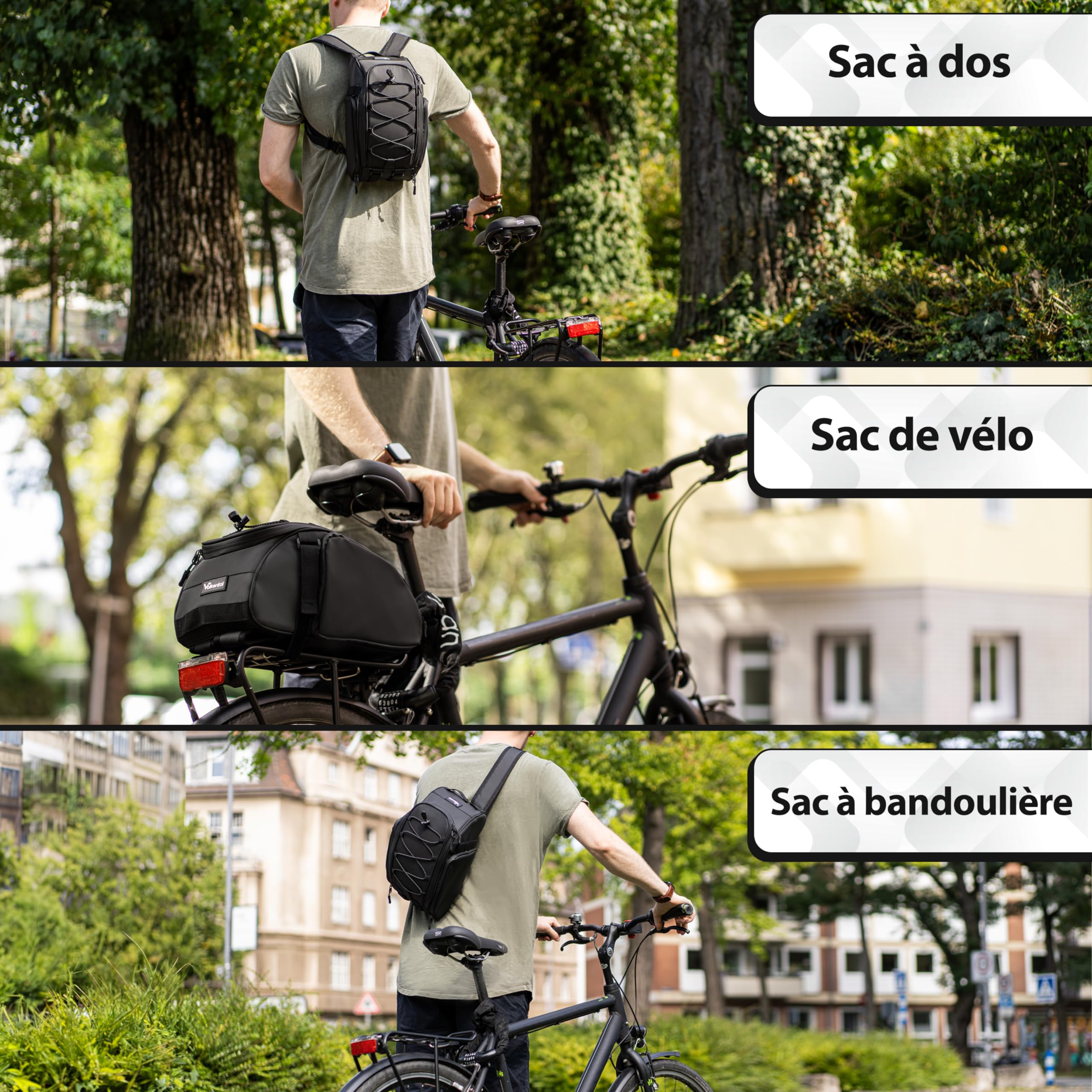 Valkental Sacoche de vélo 3 en 1 porte-bagages sac à dos, 10 l, imperméable réfléchissante poignée