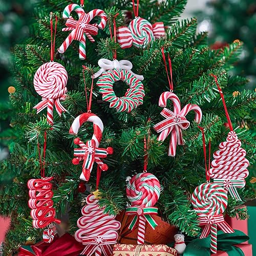 Miniatura 9 de JOIEDOMI 12 Piezas Adornos de Bastón de Caramelo de Navidad con Coronas, Paletas, Árboles de Navidad y Diseños de Bastones de Caramelo, Adornos para