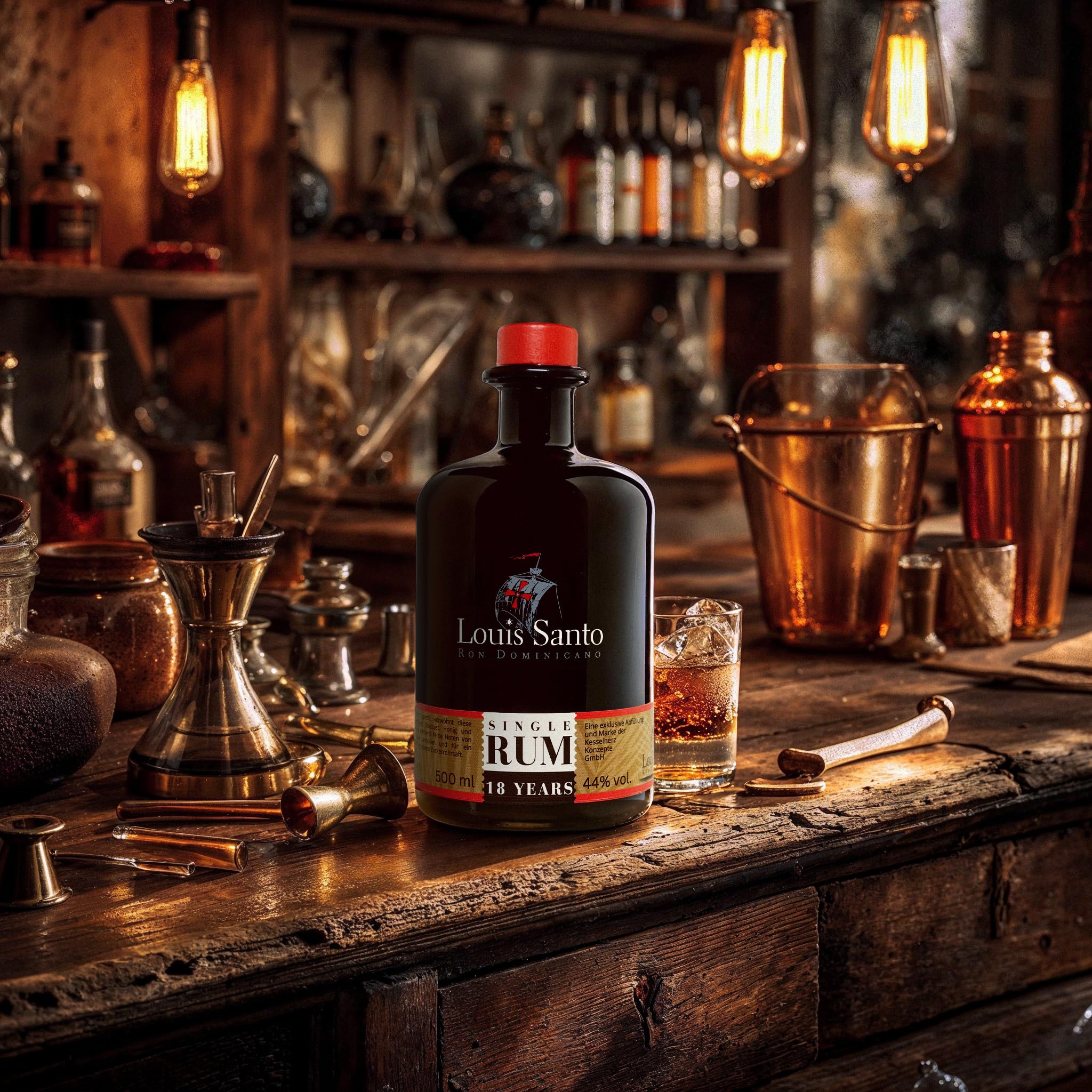 Louis Santo - Premium Single Rum 18 Jahre | Bourbon Cask | Aus Zuckerrohrsaft | inkl. 2 Nosing Gläser |Doppelgold prämiert | Ideal als Geschenkset | 44% Vol. | 0,5l |