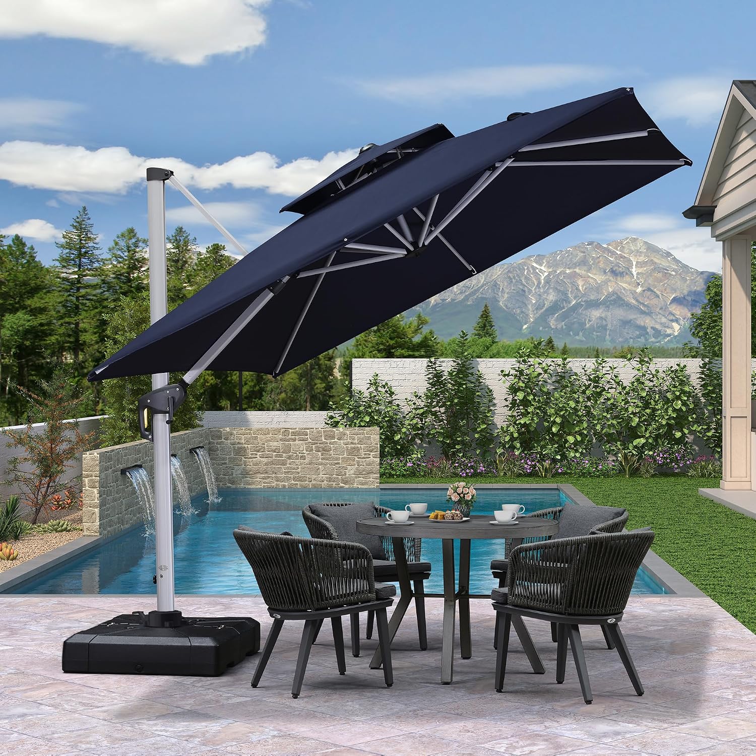  Cantilever Outdoor Umbrella 9' x 9' Square Double Top Navy Blue thumbnail
