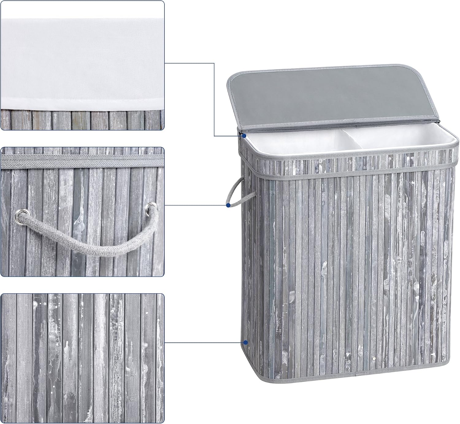 SONGMICS Double Laundry Hamper with Lid, Divided Laundry Basket with Handles, Bamboo Hamper with Liner for Laundry Room, Bedroom, 100L, Distressed Gray ULCB64GW