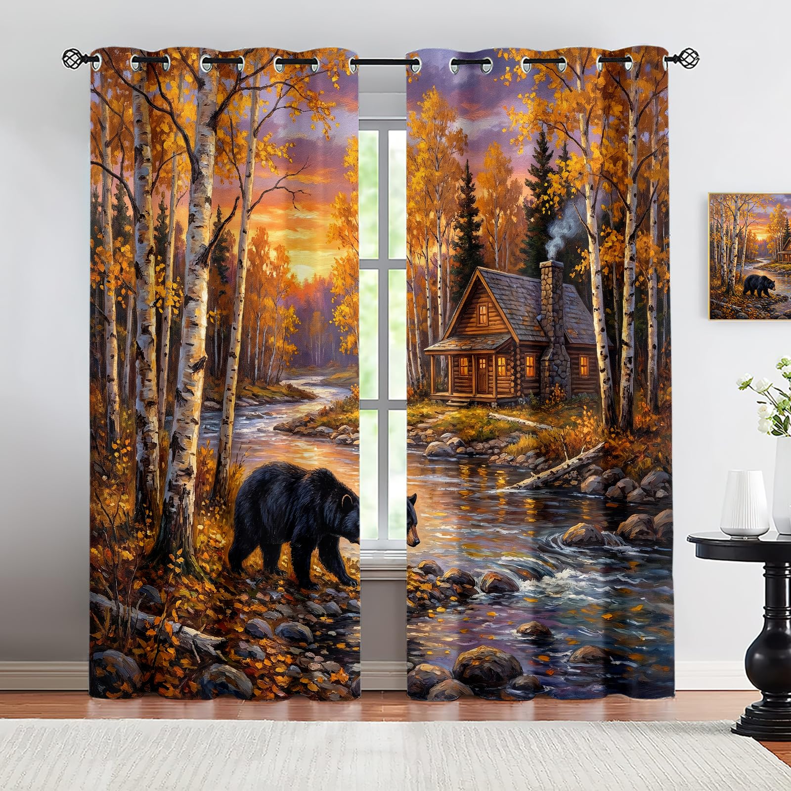 Vorhänge Herbstwald Landschaft mit Schwarzbär & Hütte, Romantischer Sonnenuntergang am Fluss, Ölgemälde Stil Gardine, Verdunkelung Ösenschal Polyester
