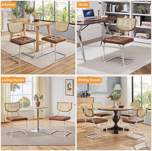 Miniatura 6 de Yaheetech Sillas de comedor de piel sintética de mediados de siglo, juego de 6 sillas de cocina con respaldo de ratán y asiento tapizado para el