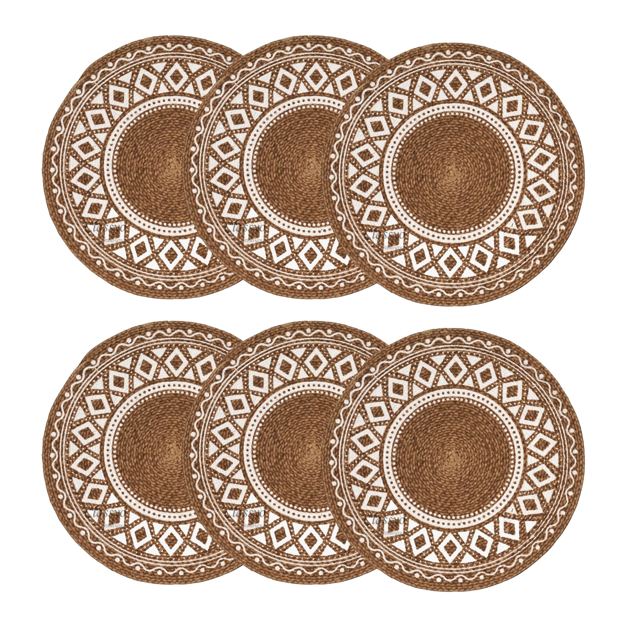 Classyo Cotton Dining Table Placemats | Washable Round Dining Table Mat | Coasters for Dining Table for Hot Pots, Plates and Pans | Placemats for Dining Table Set of 6 15 inch (Brown Design)-image-21