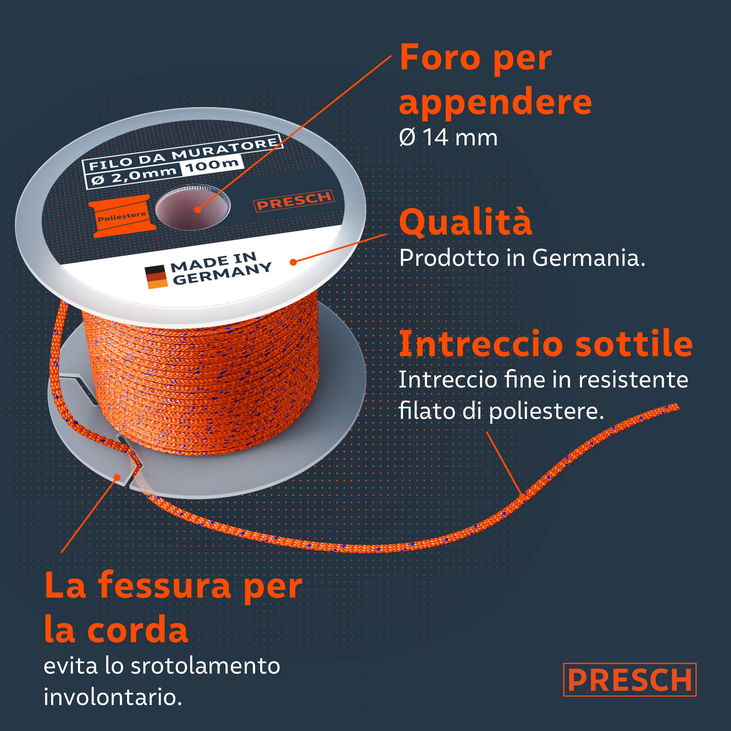 Presch Corda da muratore 100m | ⌀2,0mm | Poliestere | Corda da raddrizzamento resistente allo strappo e alle intemperie con bobina | Corda da costruzione resistente ai nodi