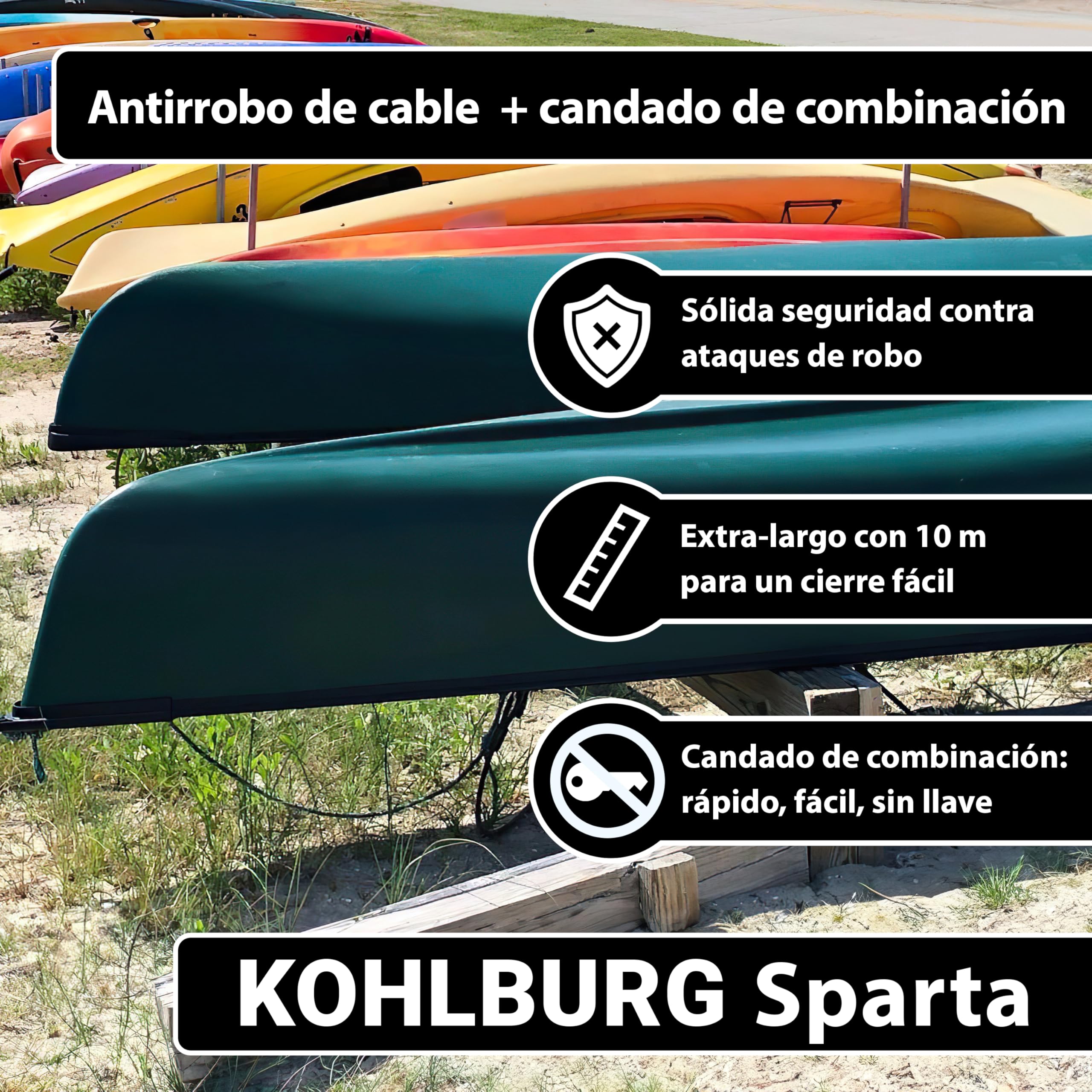 KOHLBURG Candado de cable con combinación [10 metros de largo] – Cable de acero de 10m revestido, con correas y candado de combinación – para varias bicis, embarcaciones, muebles de jardín