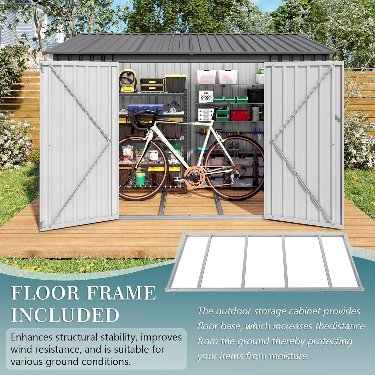9x4 FT Galvanized Steel Sheds & Outdoor Storage with Floor Frame, Garden Shed with Two Lockable Doors & Air Vent & Sloping Roof for Bike, Backyard