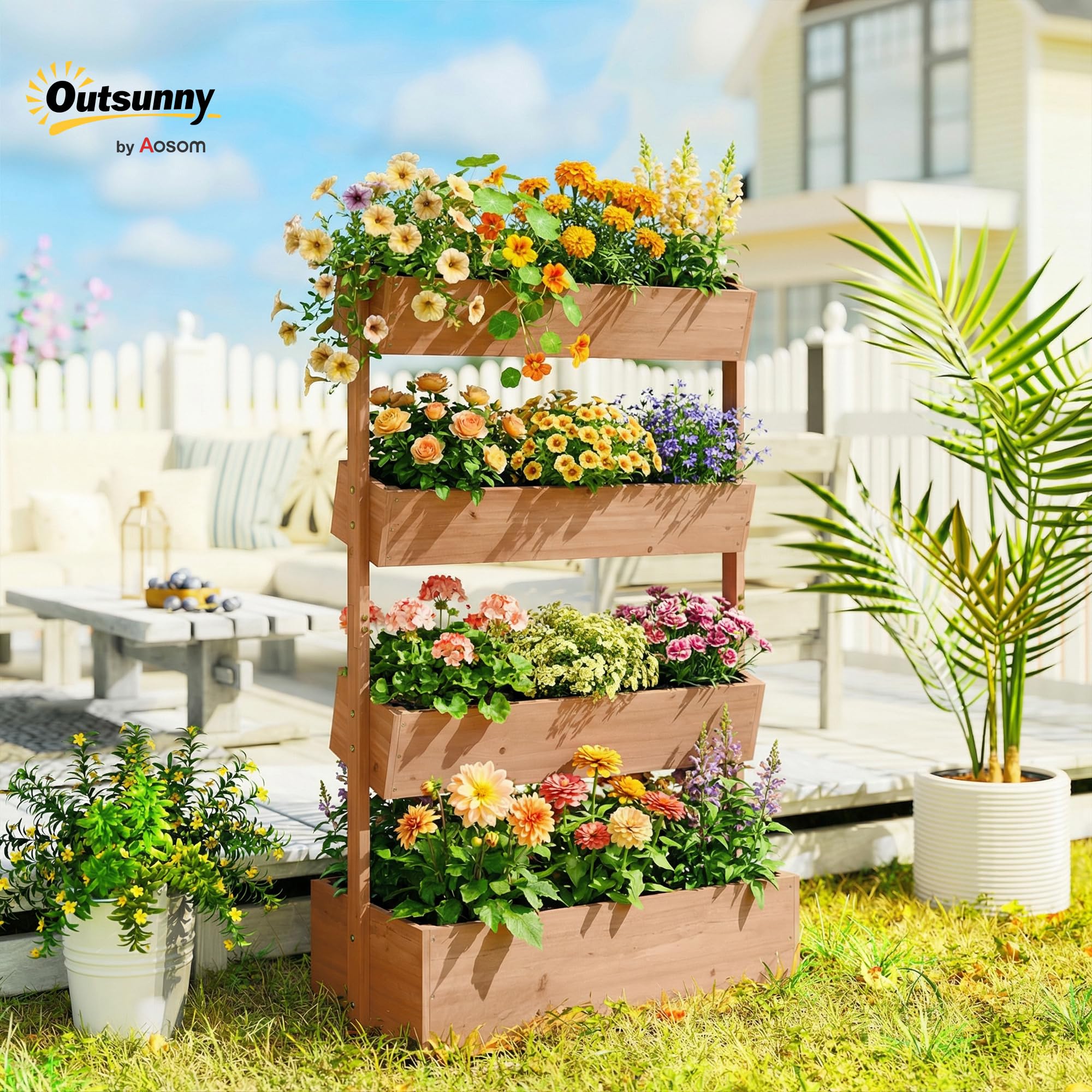 Outsunny Jardinera de Madera de 4 Niveles, Jardinera Exterior Elevada con Orificios de Drenaje y Tela no Tejida, Macetero para Cultivos, Plantas, Flores, para Terraza, Jardín, 85x45x140 cm, Marrón