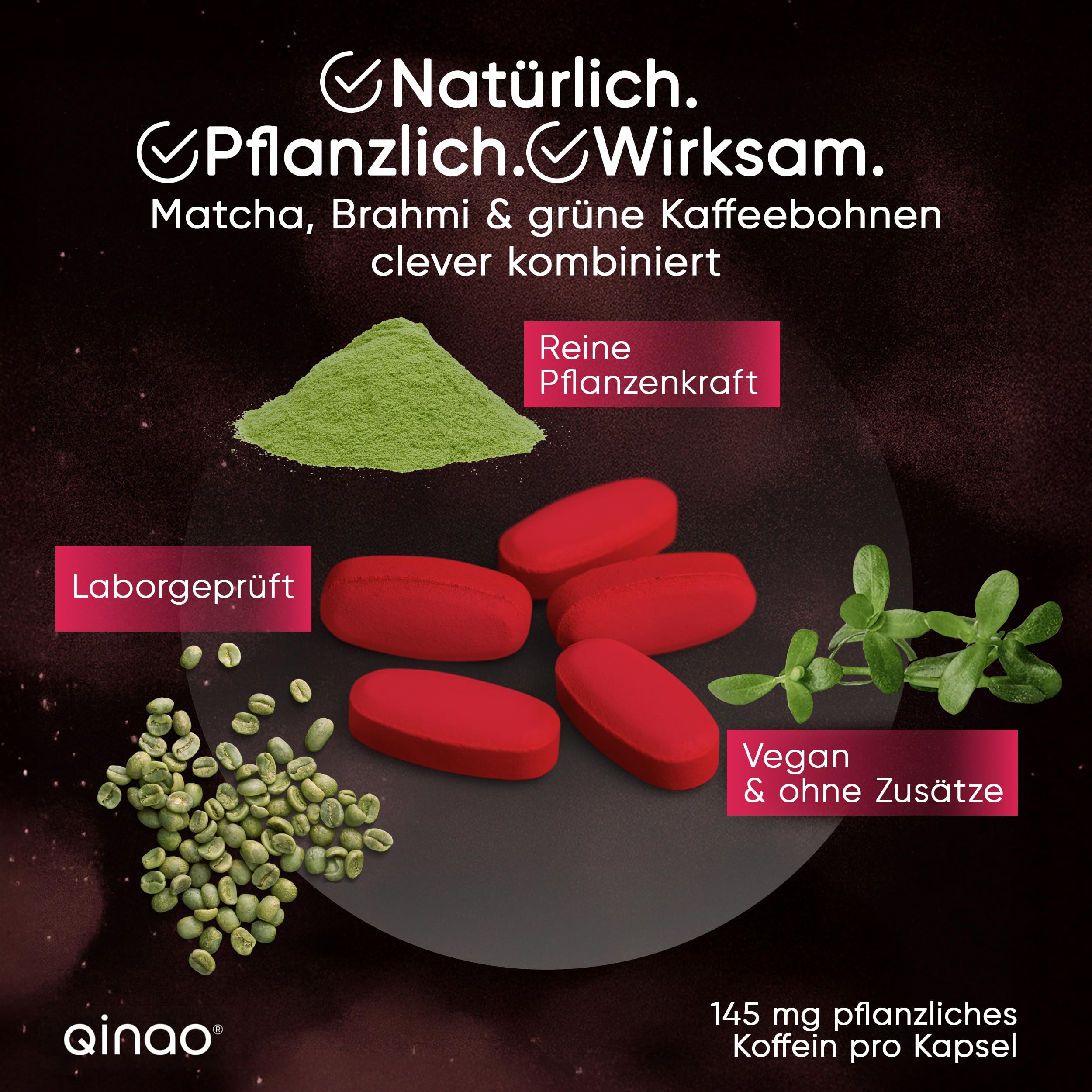 POWER – 90 Kapseln für langanhaltende Energie – Vegane Koffeintabletten mit Matcha, Brahmi & grünen Kaffeebohnen – verhindert Ermüdung – 145 mg Koffein pro Pastille