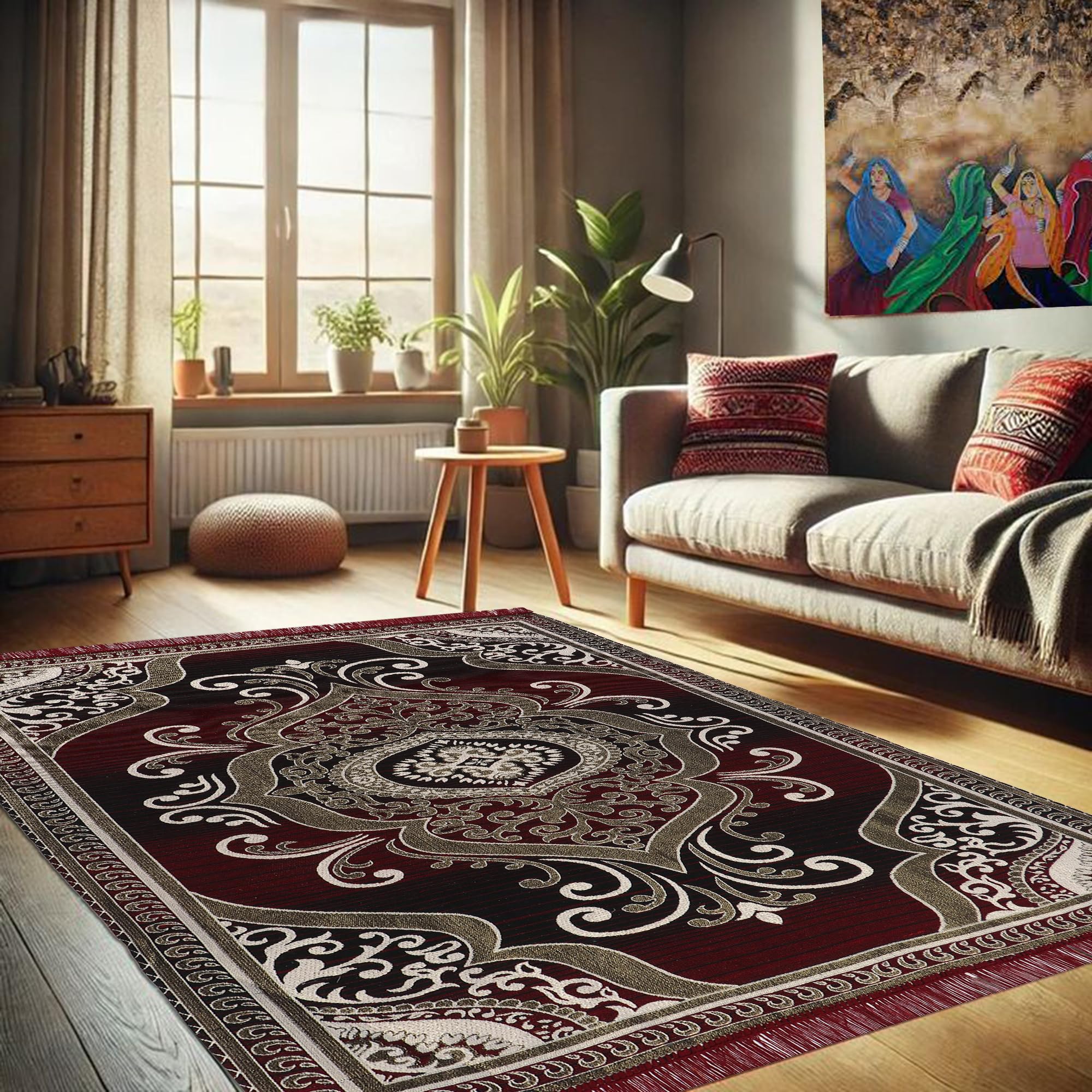 RVS DECOR Cotton Carpet 4x6 Feet | Soft Velvet Rug for Living Room, Hall & Bedroom | Floor Carpet for Home | Designer Dari for Floor 124x184 cm | Non-Slip, Trendy & Durable Kalin (Maroon and White)-image-28