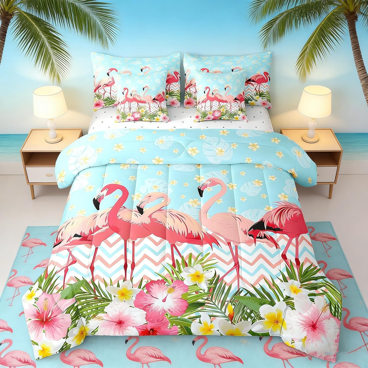 Manfei 7 Pieces Flamingo Comforter Set Queen Size, Tropical Flower Leaves Bedding Set for Kids Girls Room Decor, Animal Bed in a Bag 7pcs with Comforter, Fitted Sheet, Flat Sheet and Pillow Cases