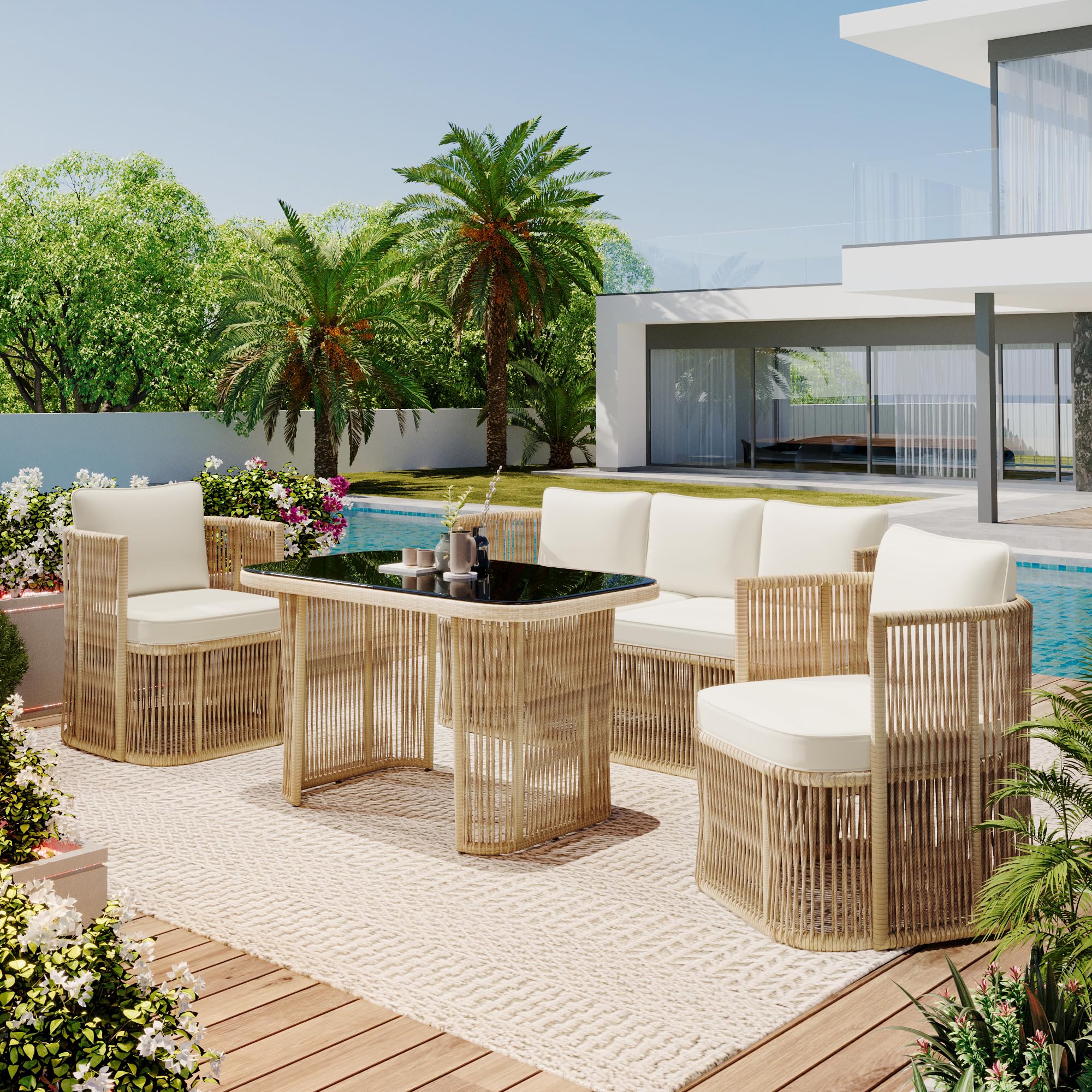 Conjunto de Jardin Exterior de Ratán para 5 Personas, 4 Piezas, Set Muebles Jardin con Mesa y 2 Sillones, Sillas con Cojines, Juego de Muebles de Jardín para Patio Terraza (Beige + Negro)