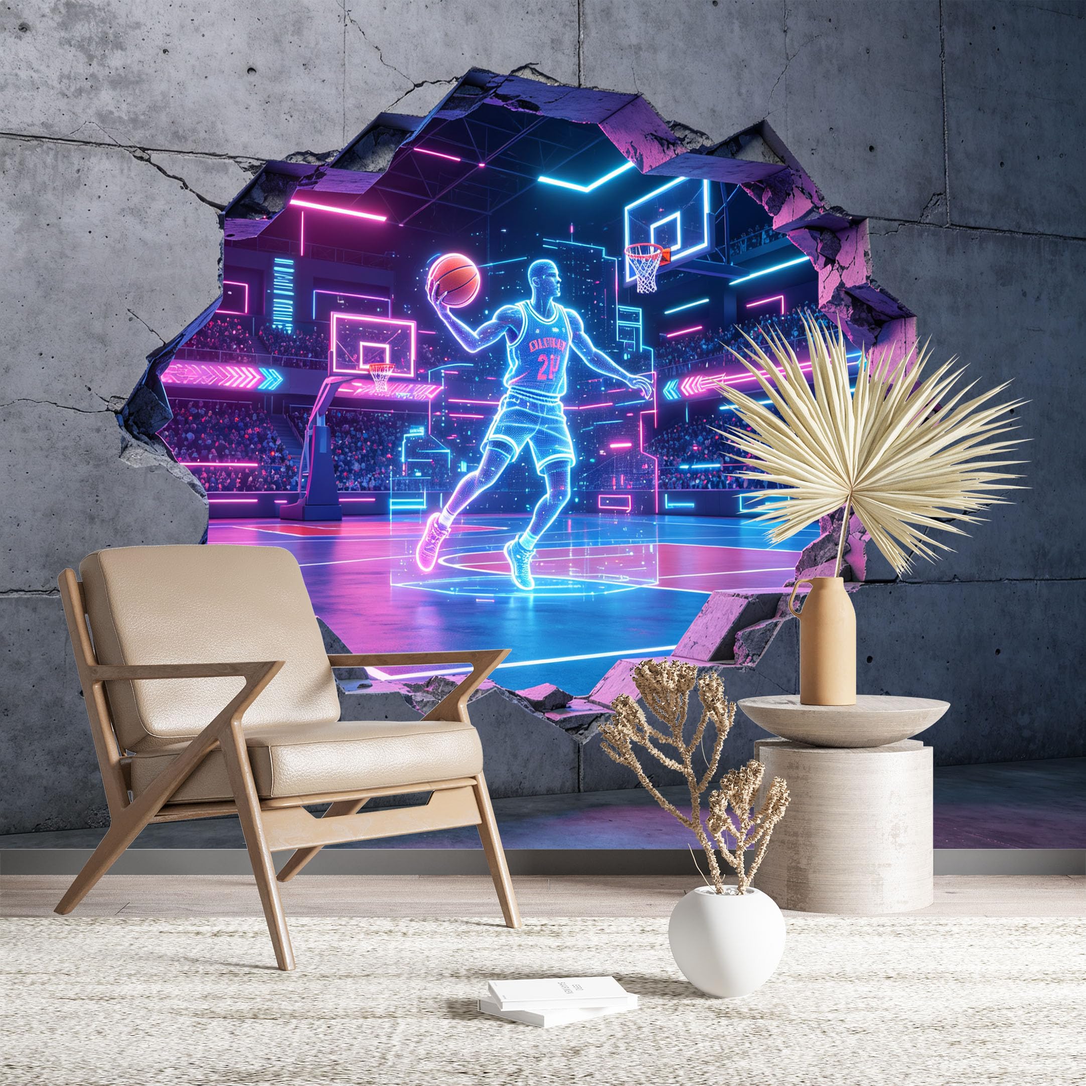 Custom Size Wall Murals Neon Basketball Player Through Cracked Wall Full Wall Self-Adhesive Wall Fabric (NO PVC) Removable Wallpaper for Game Room Bedroom