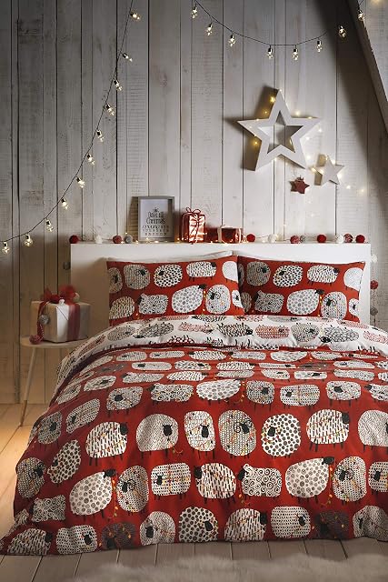 Fusion Christmas - Dotty Sheep Christmas - Easy Care Duvet Cover Set - King Bed Size in Red