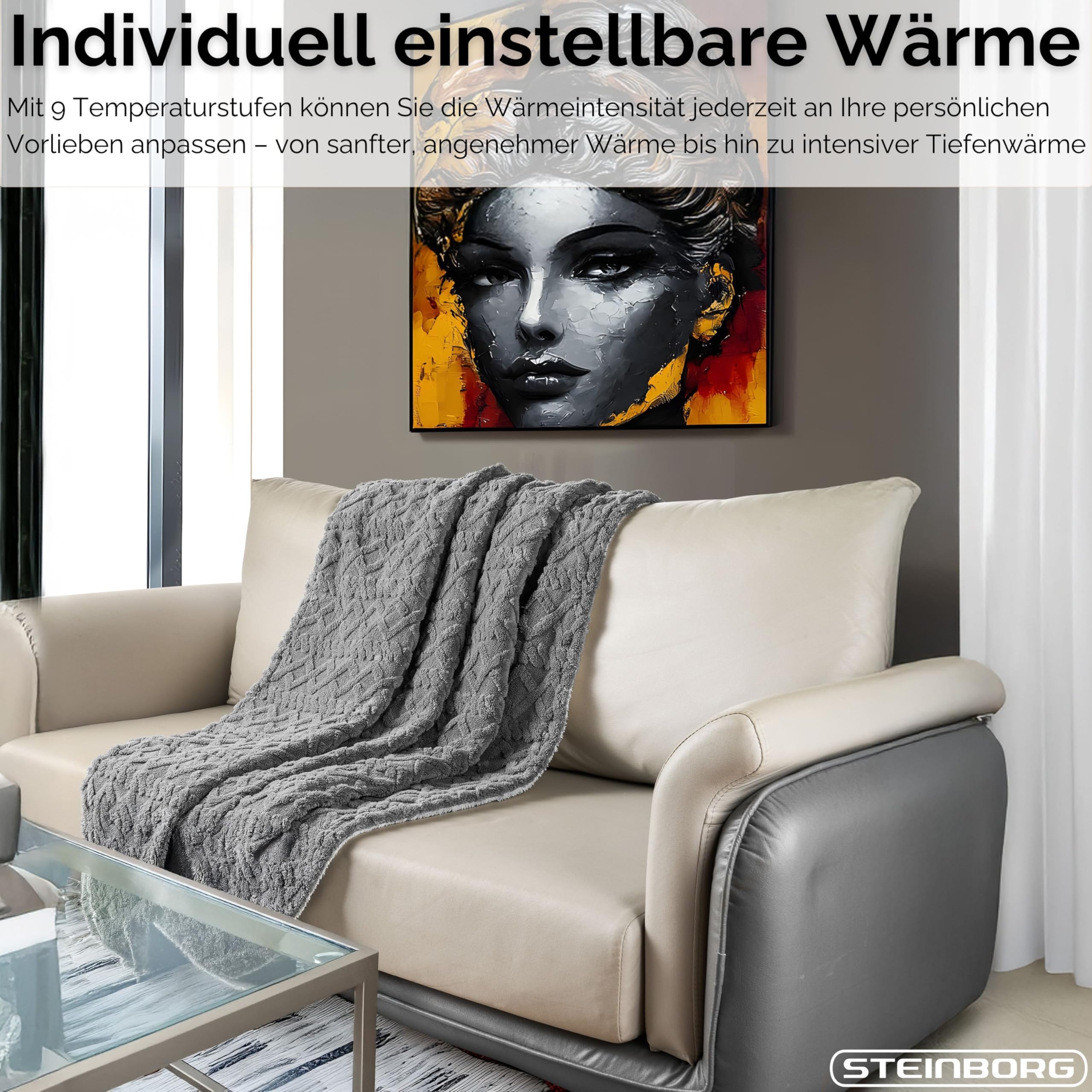 Steinborg® Heizdecke 180x130 cm mit Abschaltautomatik – Elektrische Kuscheldecke für Bett & Sofa, Wärmedecke mit 9 Heizstufen, maschinenwaschbar, weiche Wärmezudecke