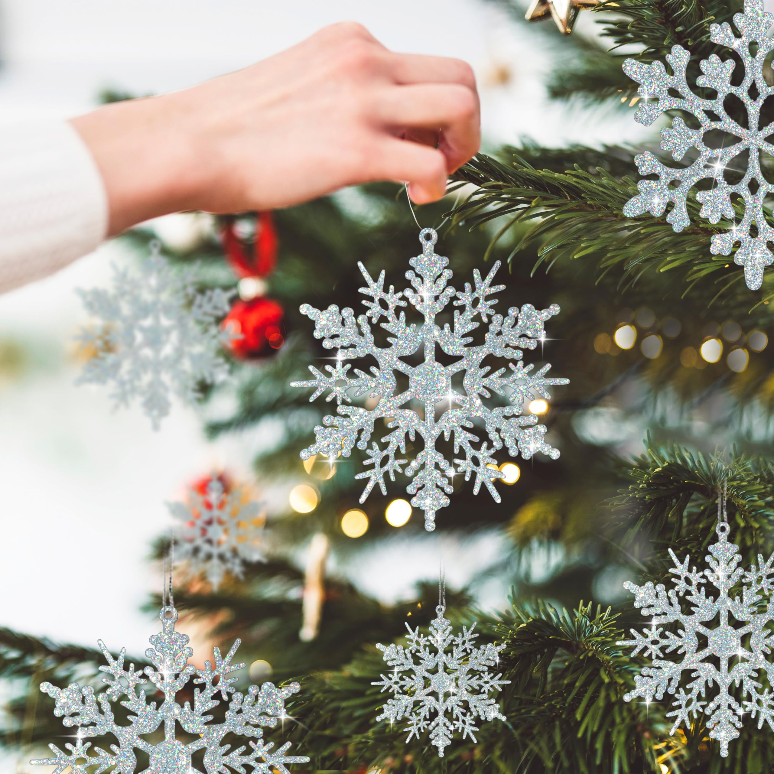 36 Stück schillernde silberne Weihnachts-Schneeflocken-Ornamente, Kunststoff funkelnde Glitzer-hängende Schneeflocken für Weihnachtsbaumschmuck, Winterwunderland, Frozengeburtstag, Party, Urlaub