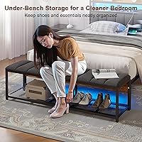 Vista 5 de VECELO Base de cama de tamaño matrimonial con luces LED y banco, base de cama tapizada con estación de almacenamiento y carga USB, marco de metal