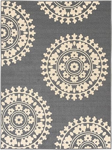 Qute Home European Medallion - Alfombra antideslizante con parte trasera de goma y alfombra de pasillo (gris, marfil) (5 pies x 7 pies)