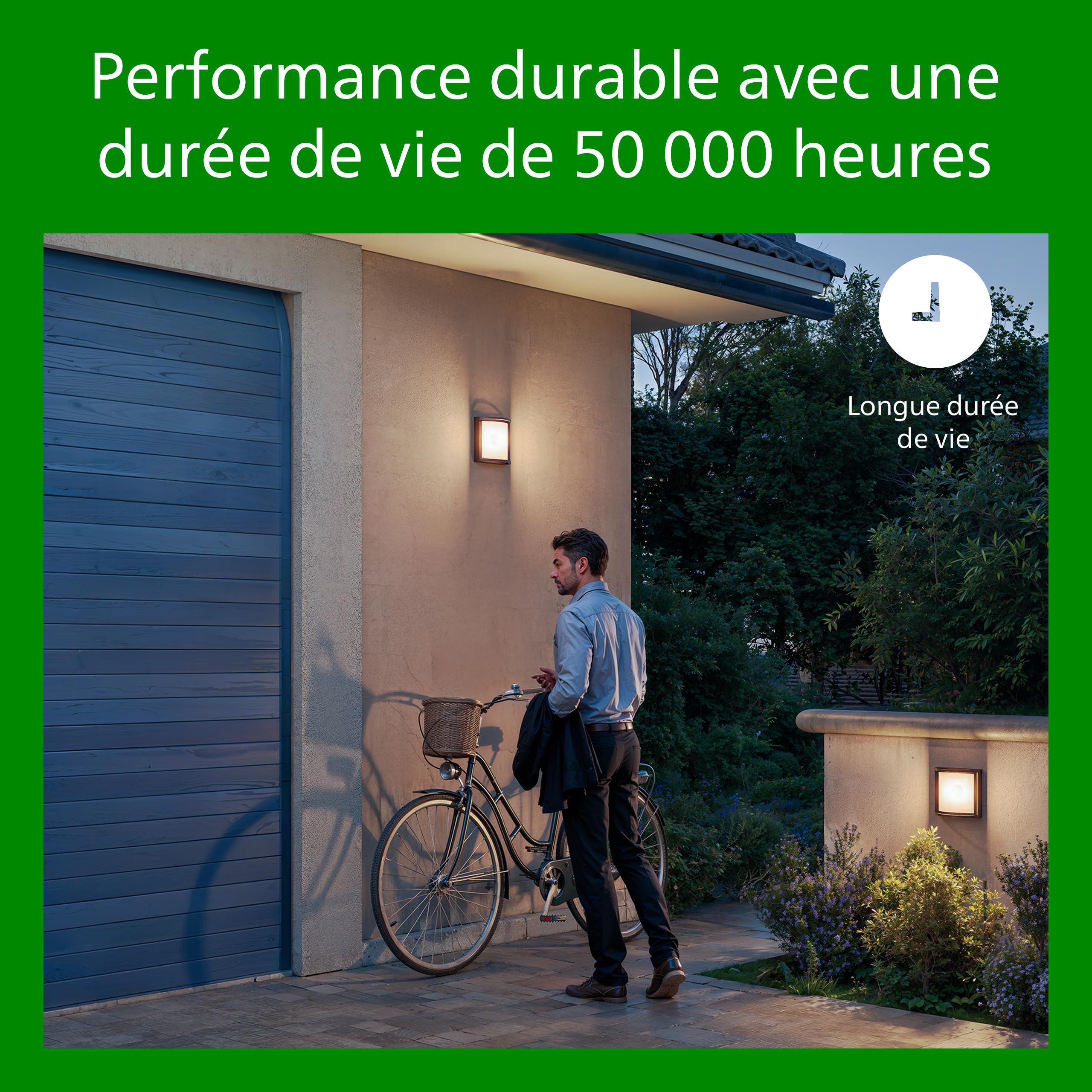 Philips Camill UltraEfficient, Applique murale solaire d'extérieur carrée, 1,4 W, 3000 K, noire, transparente, détecteur de mouvement, IP44 résistante aux intempéries