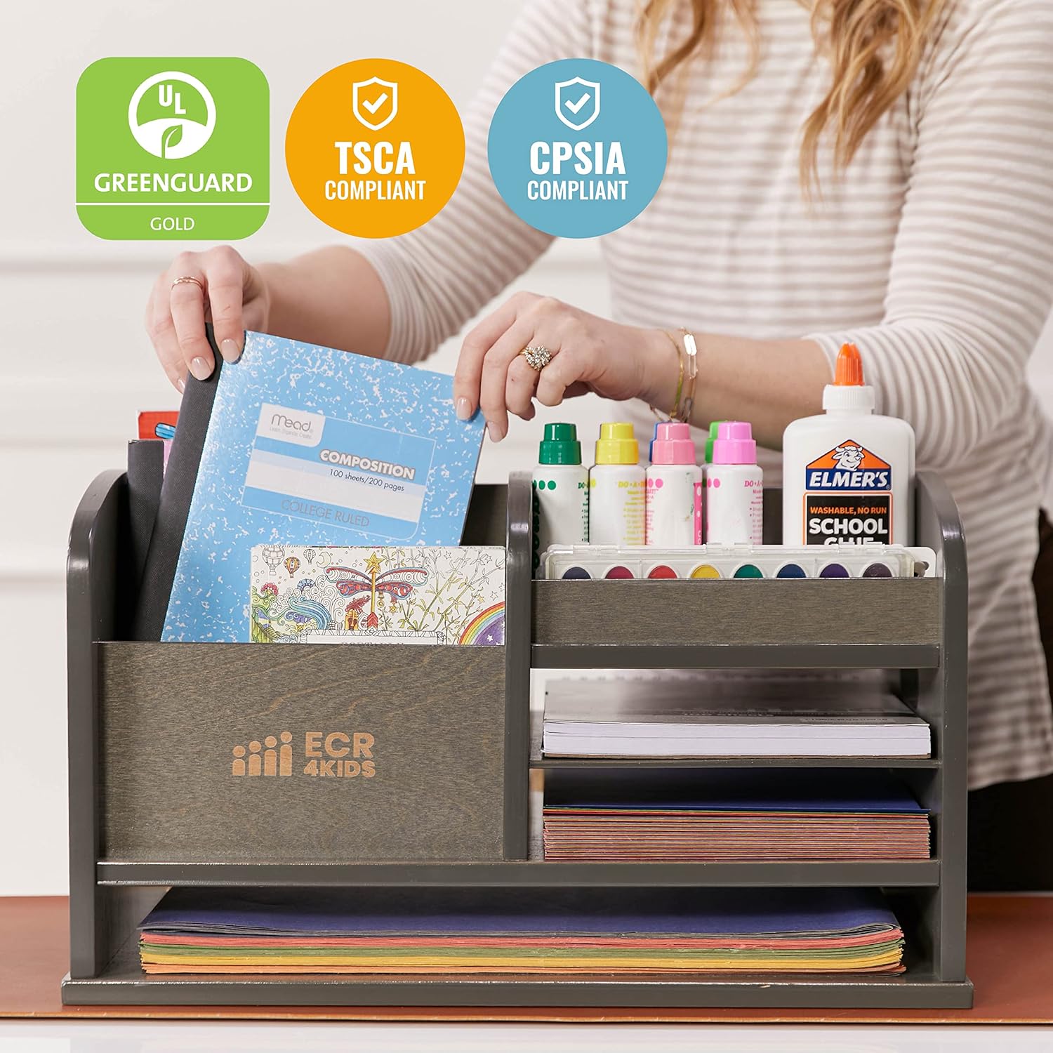 ECR4Kids Wooden Tabletop Supplies Storage Center Caddy, Classroom Essentials, Grey Wash