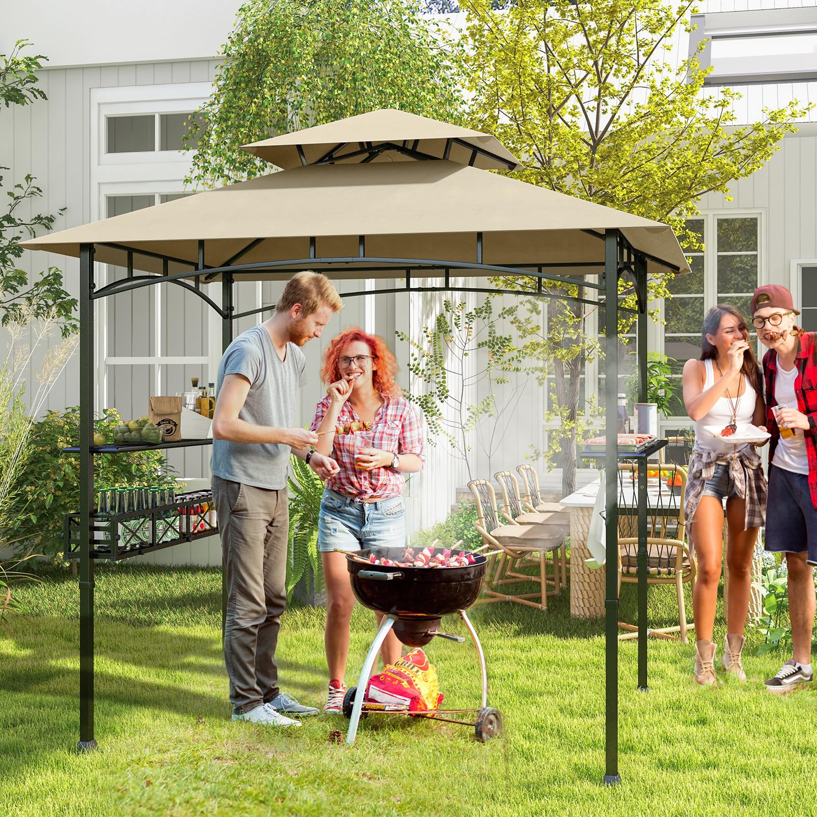 COSTWAY pawilon do grillowania z podwójnym dachem, półkami bocznymi, koszami metalowymi, hakami i otwieraczami do butelek, odporny na warunki atmosferyczne, do ogrodu, na zewnątrz (242 x 153 x 250 cm