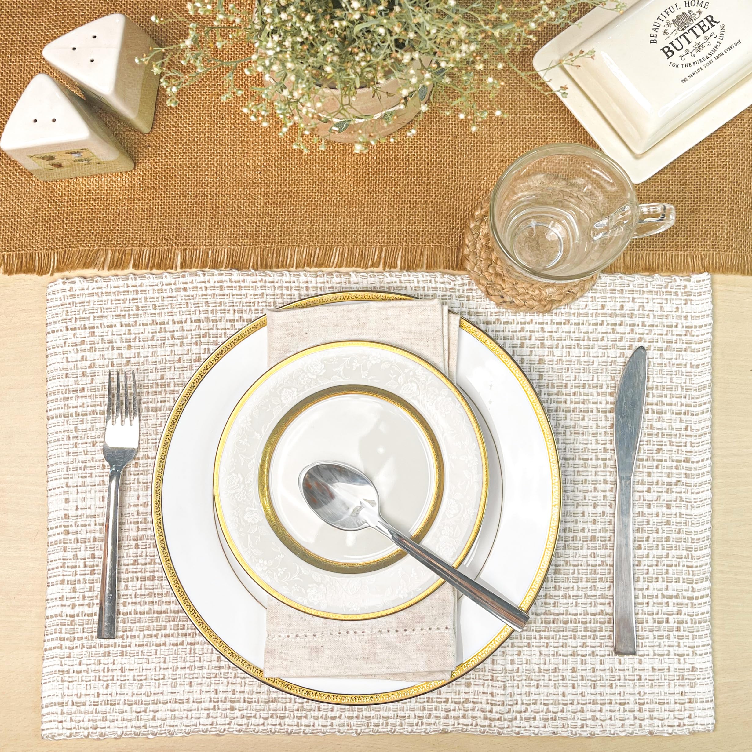 Chardin Home Juego de 4 manteles individuales 100% algodón reciclado, color marfil/beige, 13 x 19 pulgadas, tela tejida de dos tonos, ideal para uso diario, fiestas, cenas de vacaciones, juego de