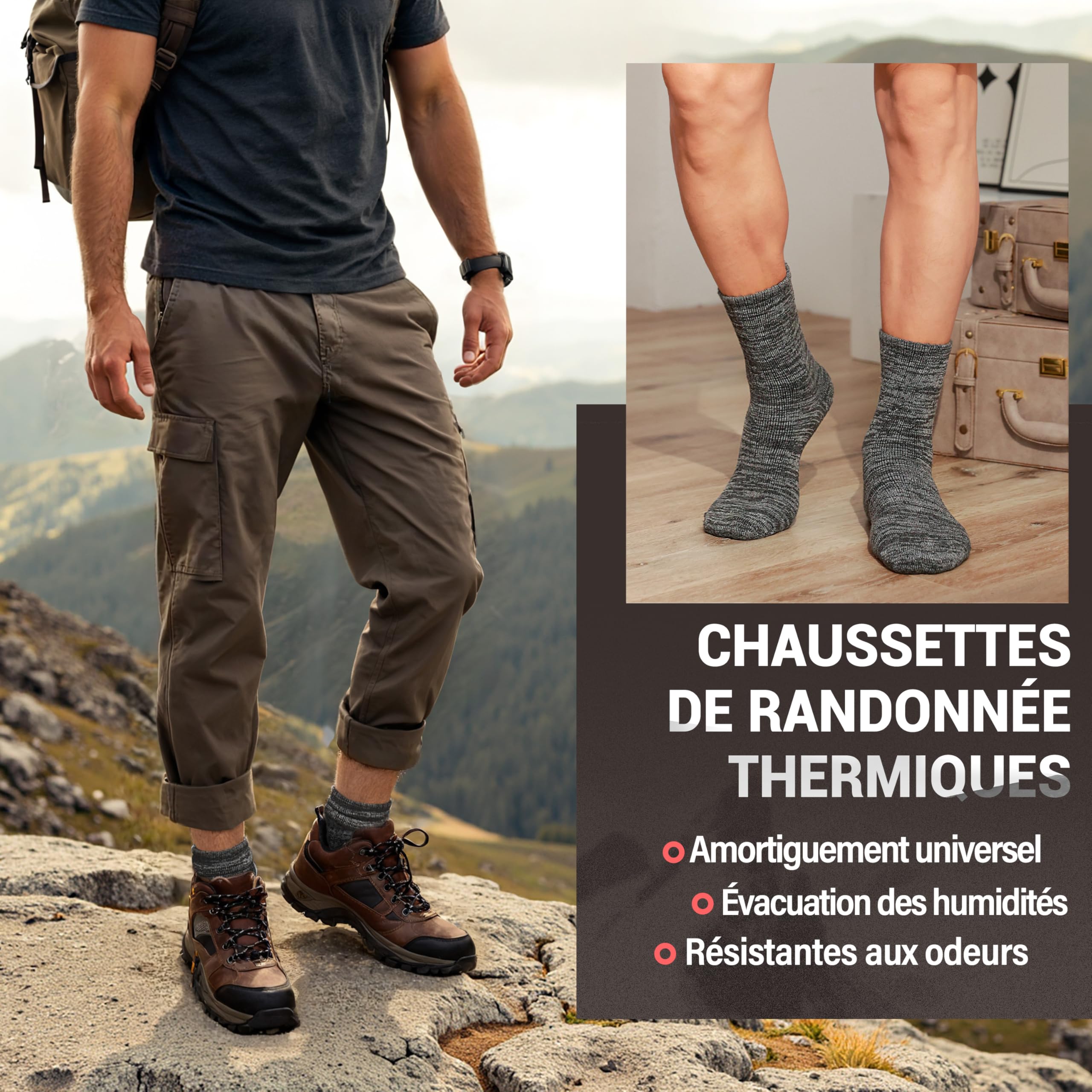 MOSEY KOSY 4 Paires de Chaussettes en Mérinos pour Marche et Randonnée Chaudes Extra Épaisses Thermiques Confortables avec Caleçon pour Travail pour Femme et Homme