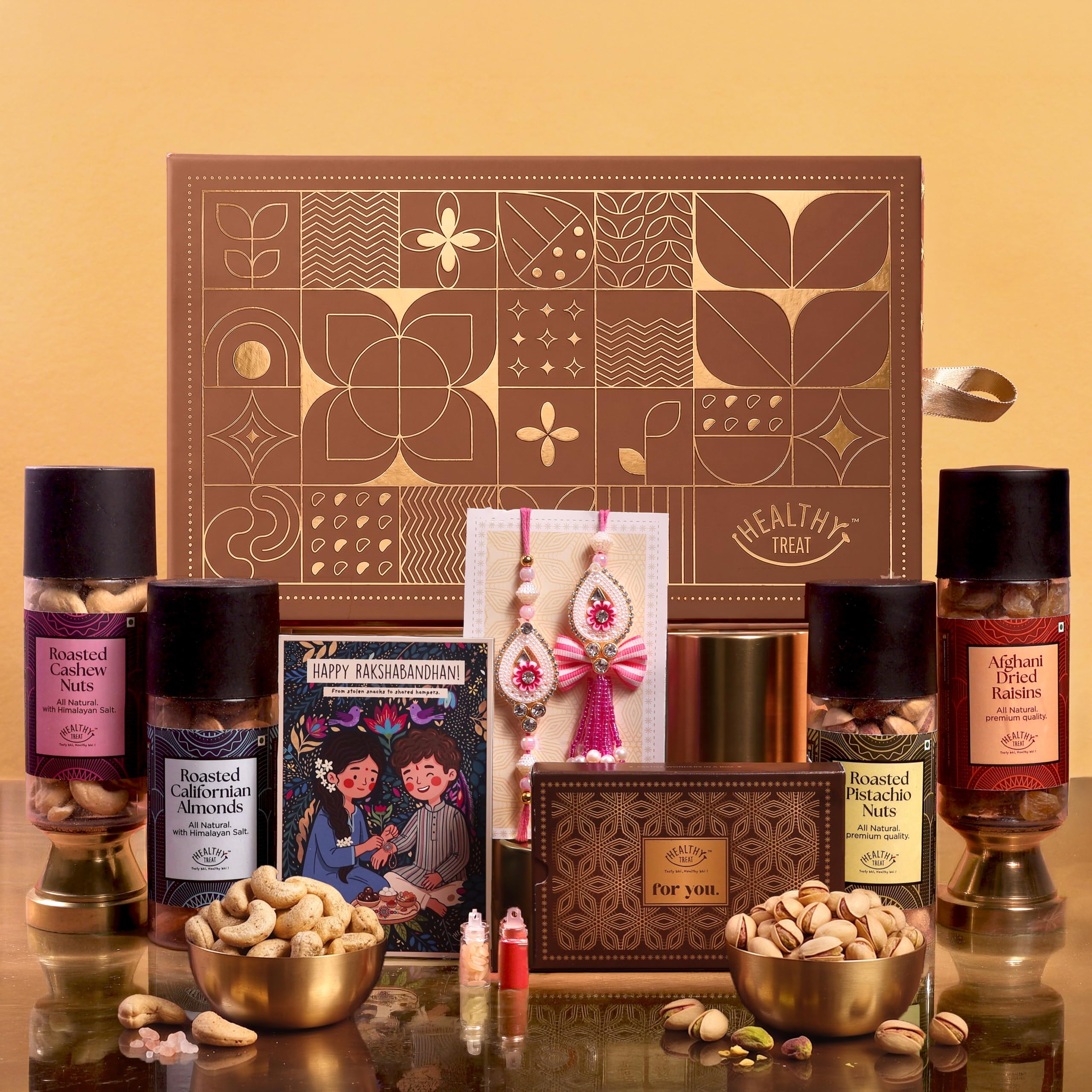 Healthy Treat Bhaiya Bhabhi Dry Fruits Rakhi Gift Hamper | Premium Raksha Bandhan Gift Box with Roasted Cashews, Almonds, Pistachios & Raisins | Handcrafted Bhaiya Bhabhi Rakhi Set, Roli Chawal & Greeting Card | Festive Gift for Brother & Bhabhi-image-20