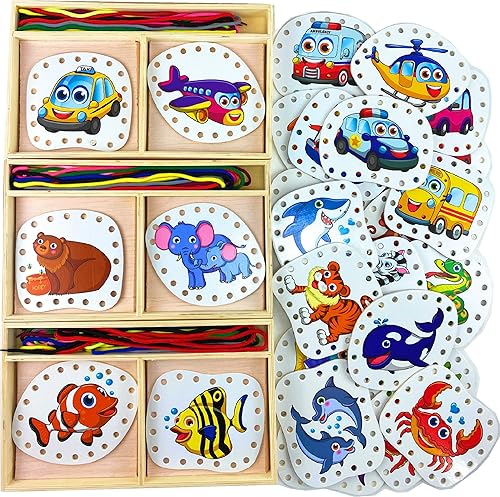 Matty's Toy Stop Juego de regalo educativo de lujo con formas de cordones (10 unidades) para vehículos, peces y animales de la selva, paquete de 3