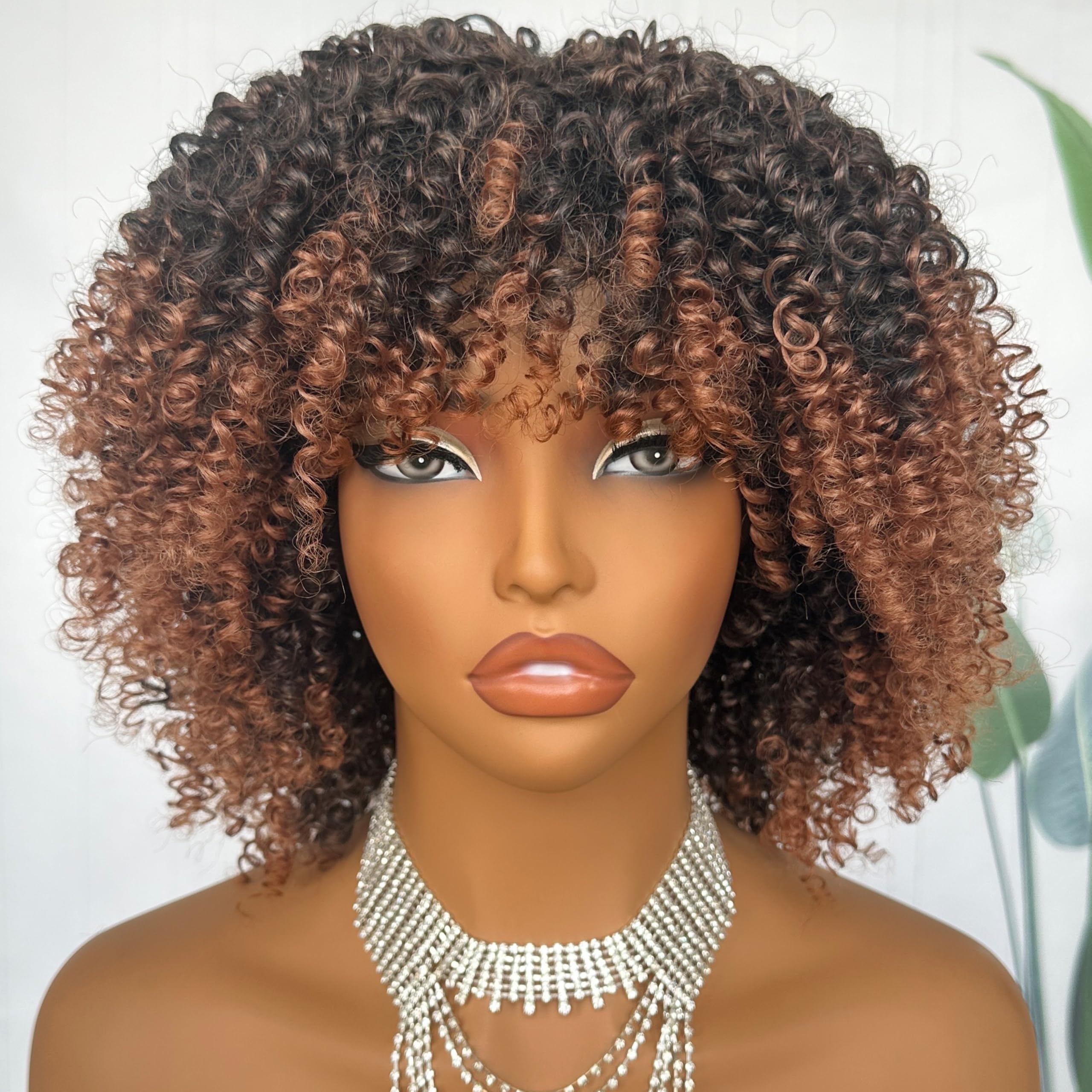 SOKU Short Curly Hair Full Wigs with Bangs 10 Inch Ombre Brown Afro Kinky Curly Wigs for Black Women Glueless Synthetic Bomb Hair Heat Friendly for