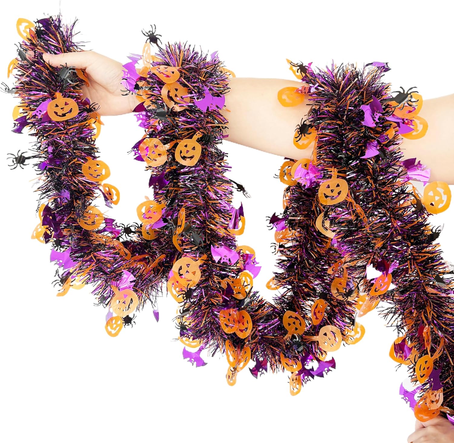 Halloween Garland, 52.5Ft Orange Purple Black Pumpkin Bat Spider Hanging Tinsel Streamers, Flexible Metallic Halloween Decorations for Front Door, Mantel, Window, Party Indoor Outdoor Decor