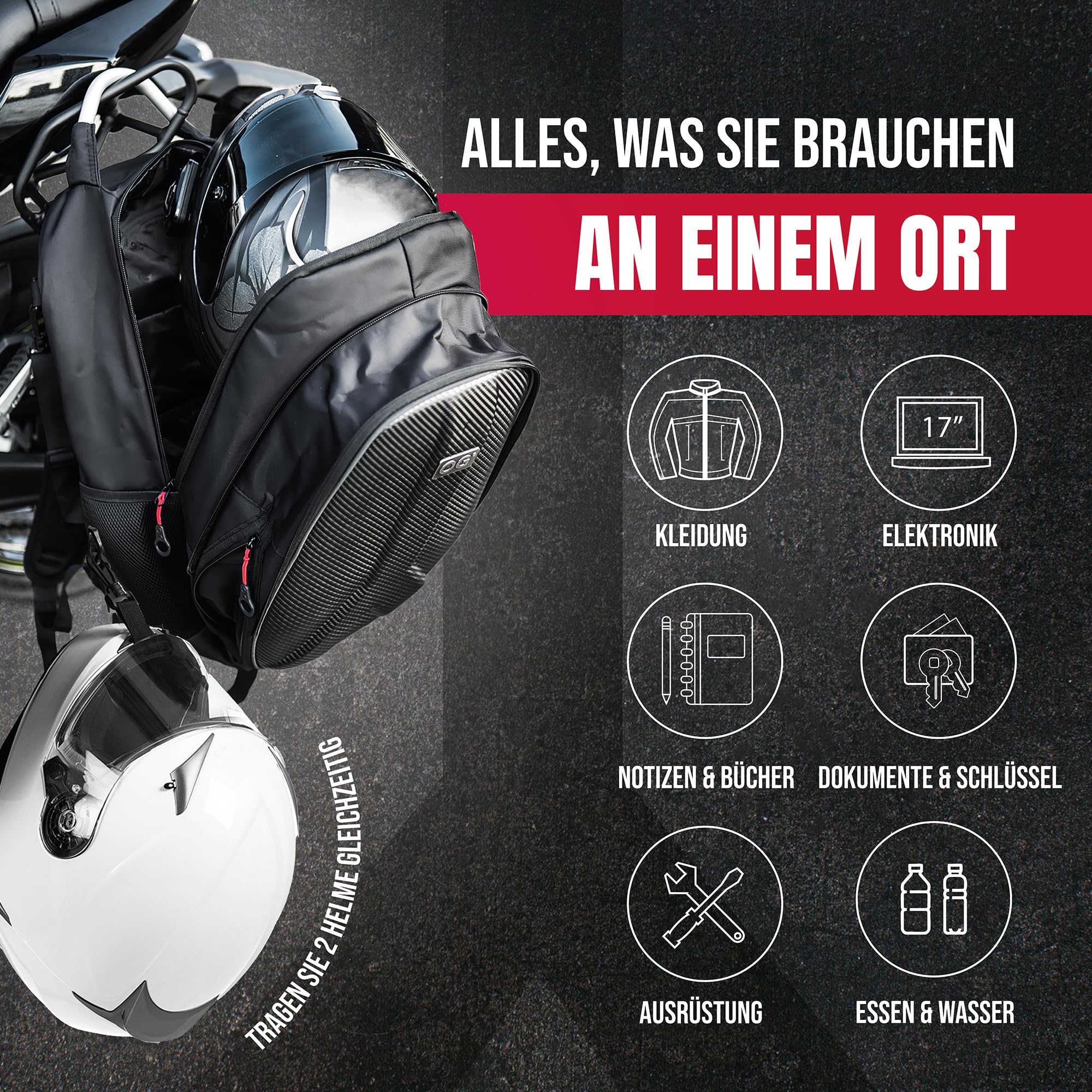 OG Original GetAway Motorrad Rucksack Wasserdicht, Herren, Hartschale, Grosse Kapazität, Erweiterbar 35L/45L, Motorradhelm Tasche, Helmtrageriemen, Anti-Diebstahl, Reflektierend, Laptop