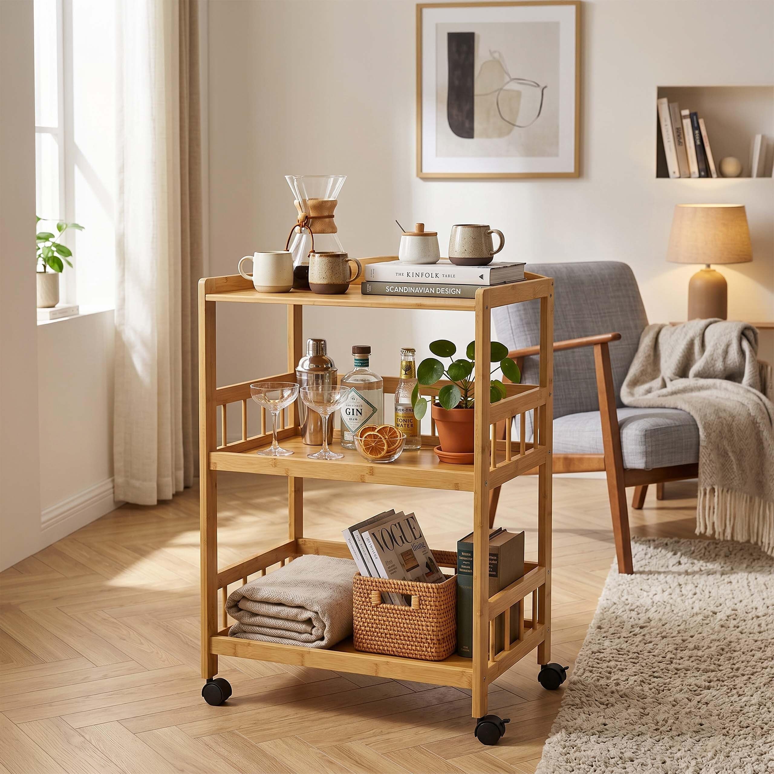 Relaxdays Chariot de Service Bambou 80 x 53 x 30 cm, 3 étages, Naturel | Étagère à roulettes pour la cuisine et le salon, chariot de cuisine
