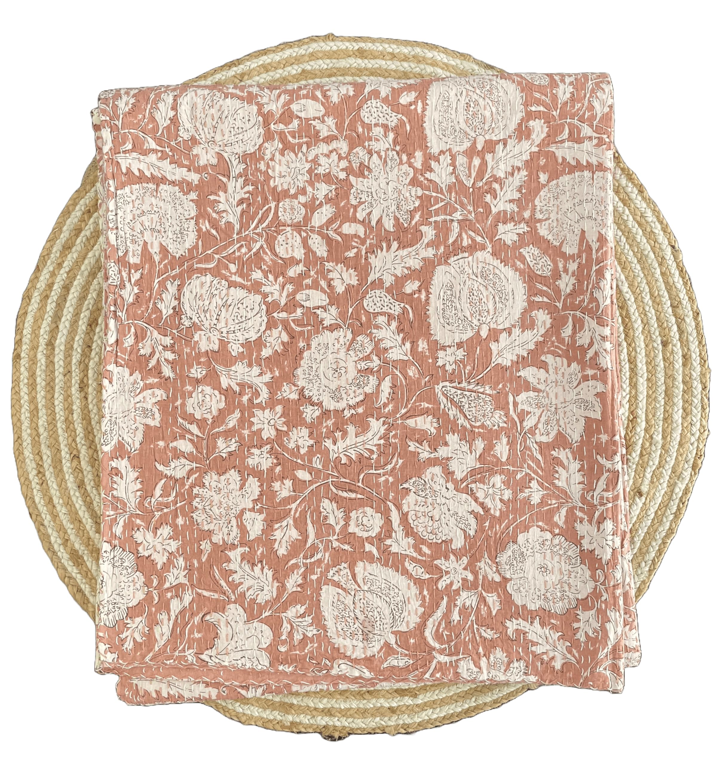 Indian Handblock Kantha Floral Printed Handmade Quilted Blanket Vintage Home Decorative KanthaThrow Blanket Kantha Bedcover Queen/King/CaliforiniaKing (Peach, Queen/King 90X108 inches)