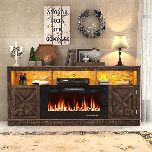 Miniatura 45 de Soporte de TV con chimenea de granja para TV de 70/75/80 pulgadas, centro de entretenimiento de 32 pulgadas de alto con chimenea eléctrica de 36